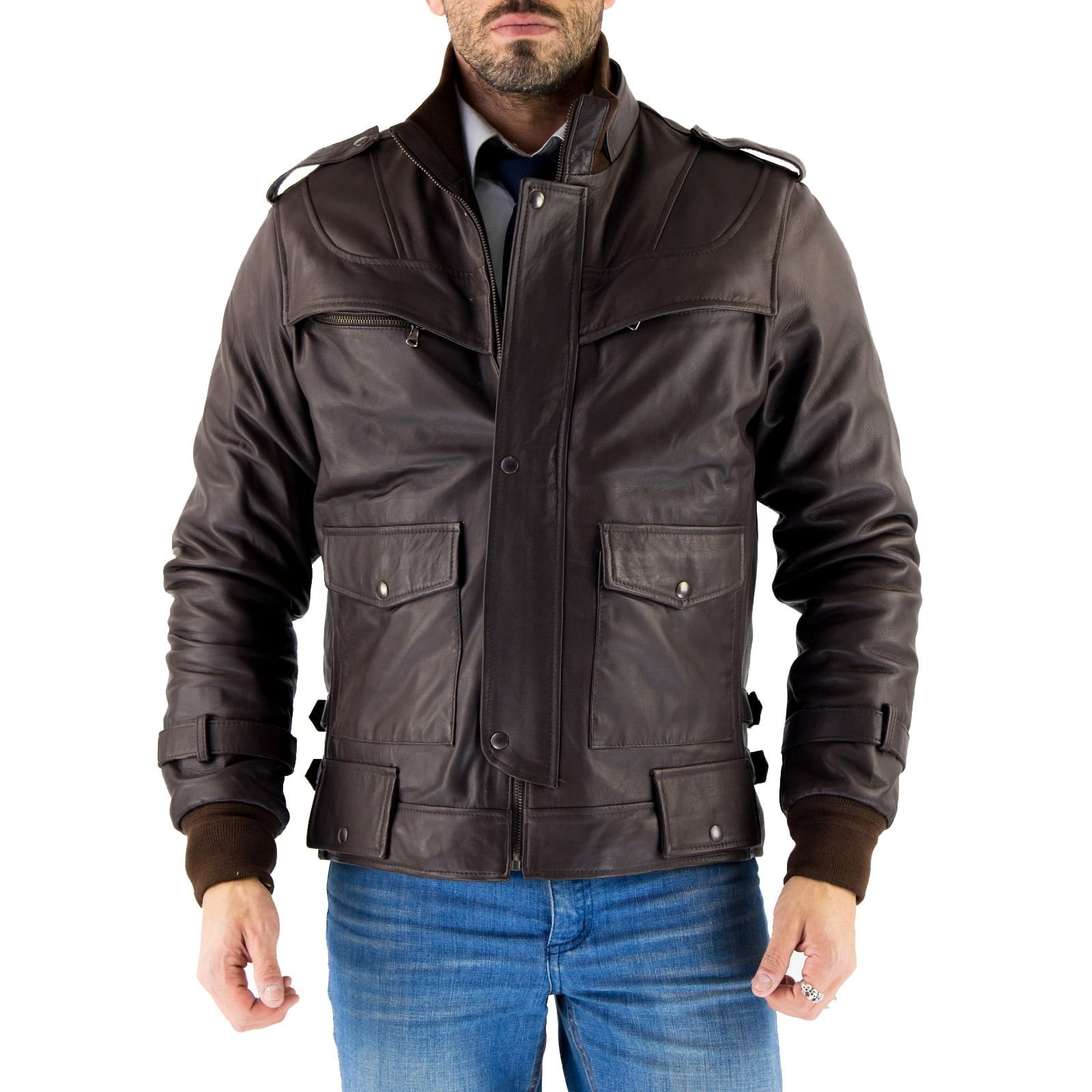 Giacca Biker In Vera Pelle Nera Uomo Slim Tasche Petto Coperte Rindway