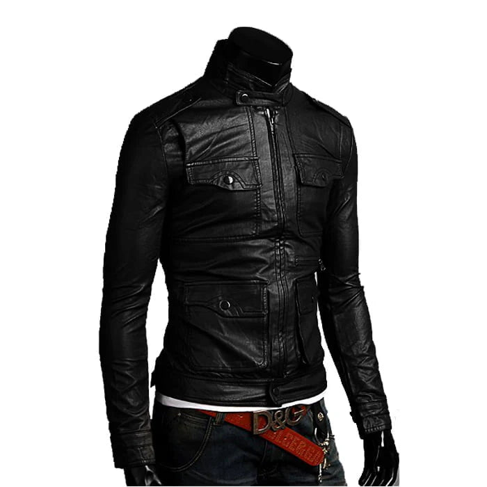 Giubbotto Giacca In Pelle PU Nero Uomo Slim Produzione Artigianale Cod.m13-Outlet Rindway