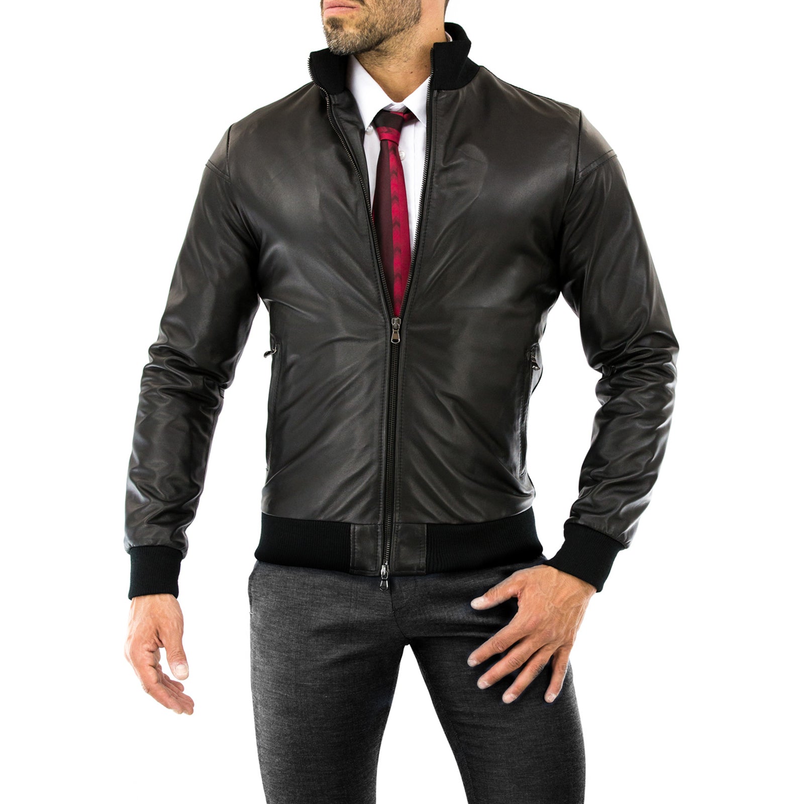 Bomber Giubbotto In Vera Pelle Blu Uomo Slim Fit tasche con cerniera Oultet Rindway