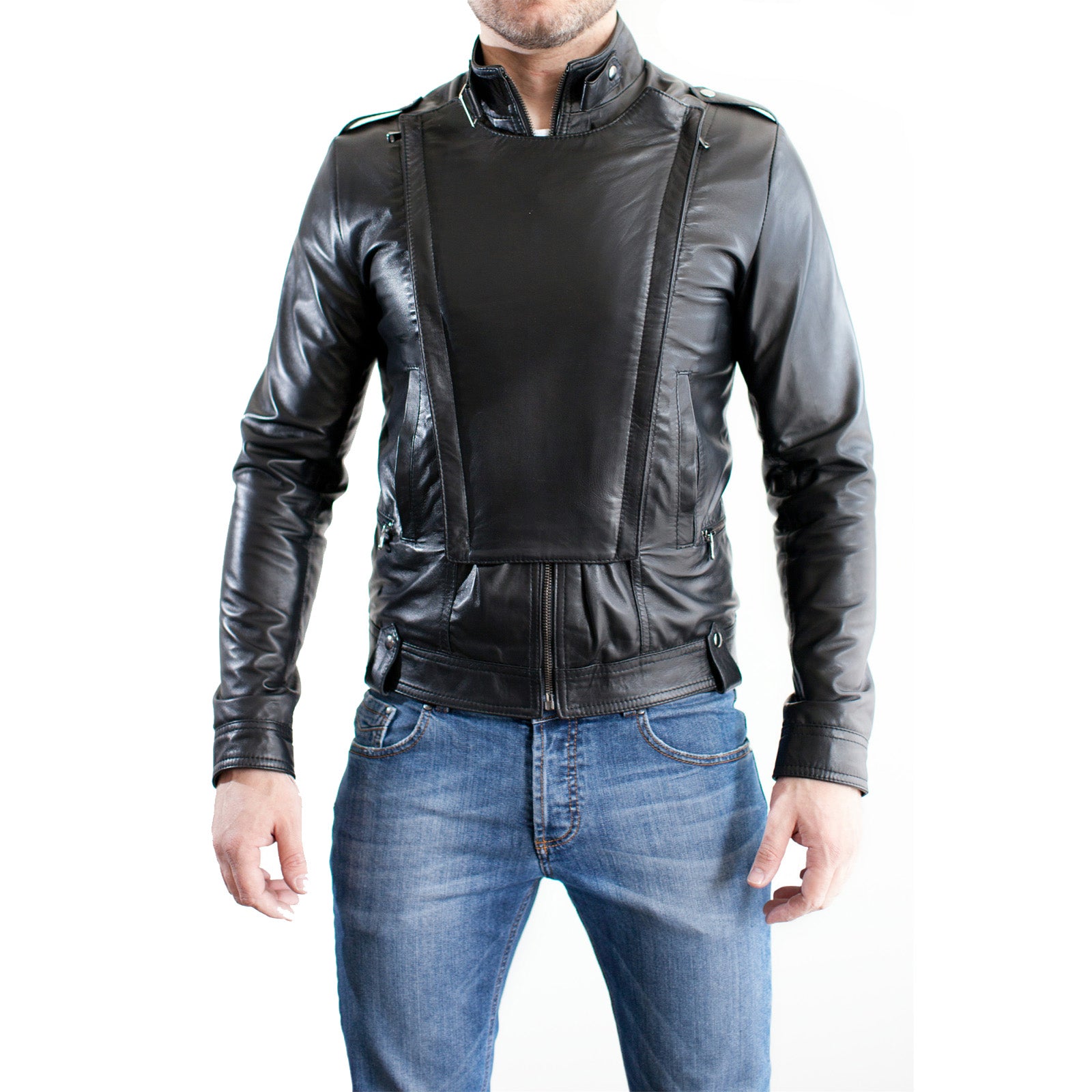 Giubbotto Giacca In Pelle PU Nero Uomo Slim Pettorina Removibile Produzione Artigianale Cod.113-Outlet Rindway
