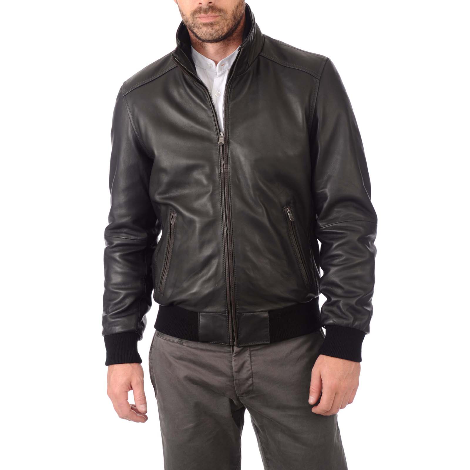 Rindway Men's Black Genuine Leather Bomber Jacket Slim College Collar