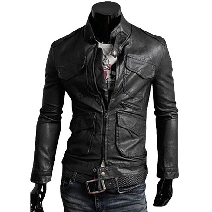 Giacca Biker In Vera Pelle Nera Uomo Multipocket Rindway OUTLET