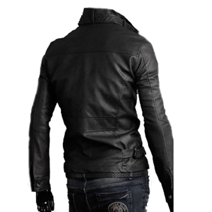 Giacca Biker In Vera Pelle Nera Uomo Slim Fascione Sulla Schiena Rindway