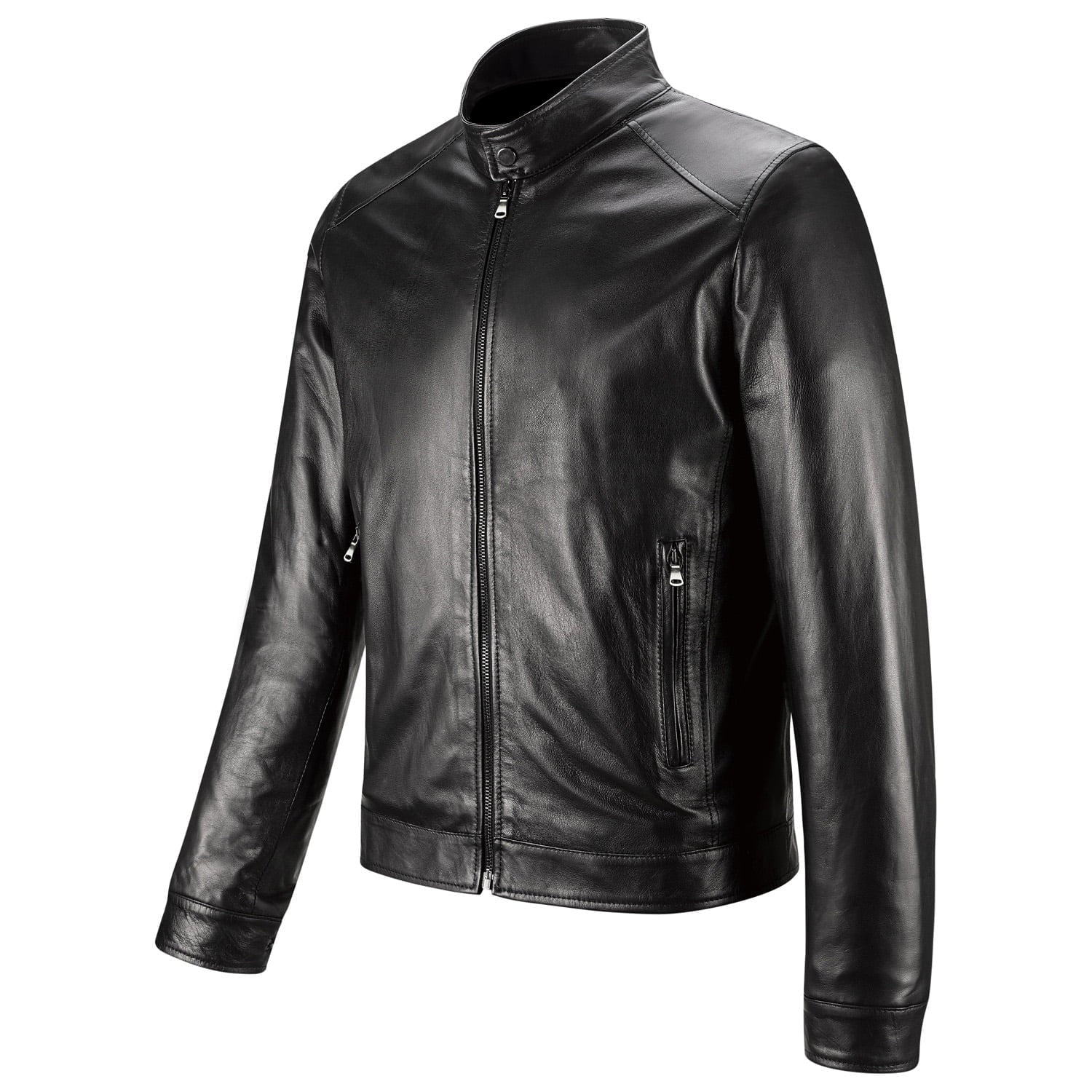 Giacca Biker In Vera Pelle Nera Uomo Slim Bottone Collo e Polsi Rindway