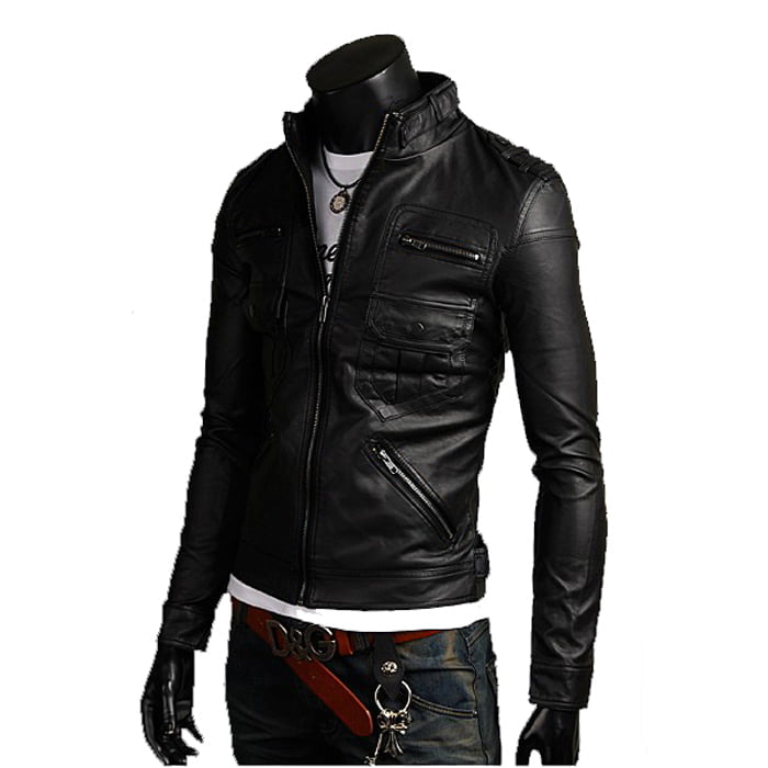 Giacca Biker In Vera Pelle Nera Uomo Slim Multitasche Linee Schiena Rindway