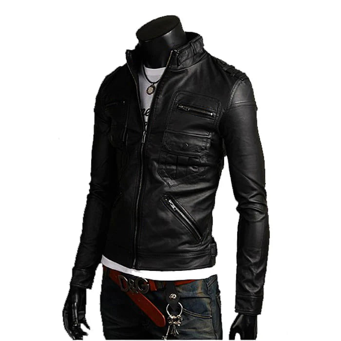 Giacca Biker In Vera Pelle Nera Uomo Multipocket  Rindway OUTLET