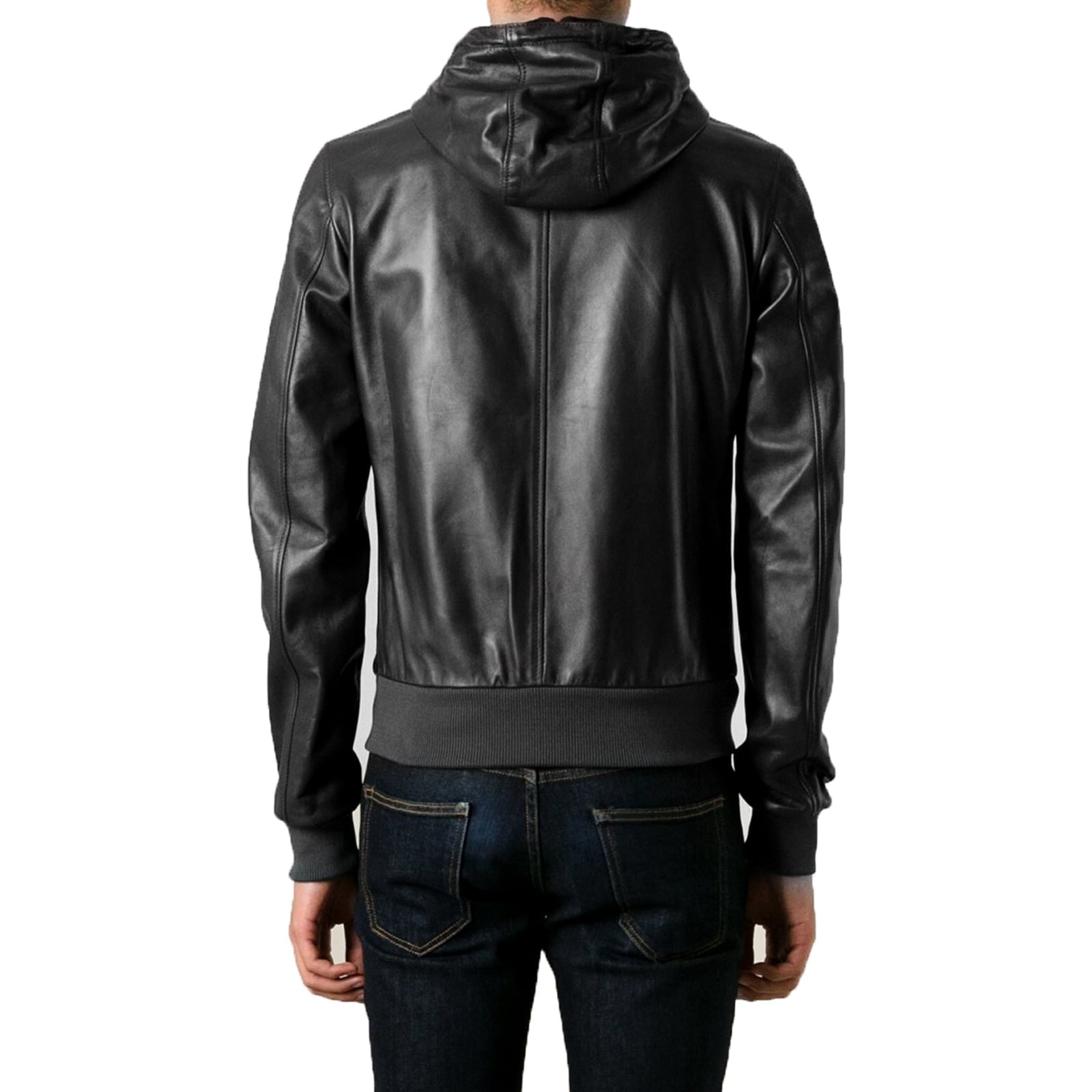 Giubbotto Bomber In Vera Pelle Nera Uomo Slim Con Cappuccio Fisso Rindway