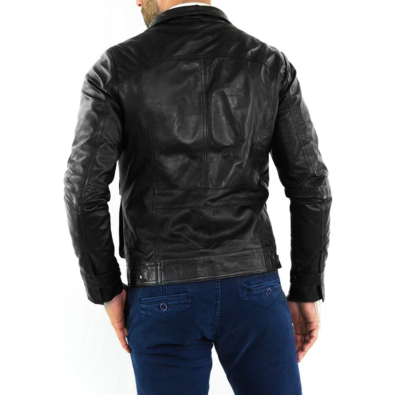 Giacca Biker In Vera Pelle Nera Uomo Slim Tasconi Con Bottoni Rindway