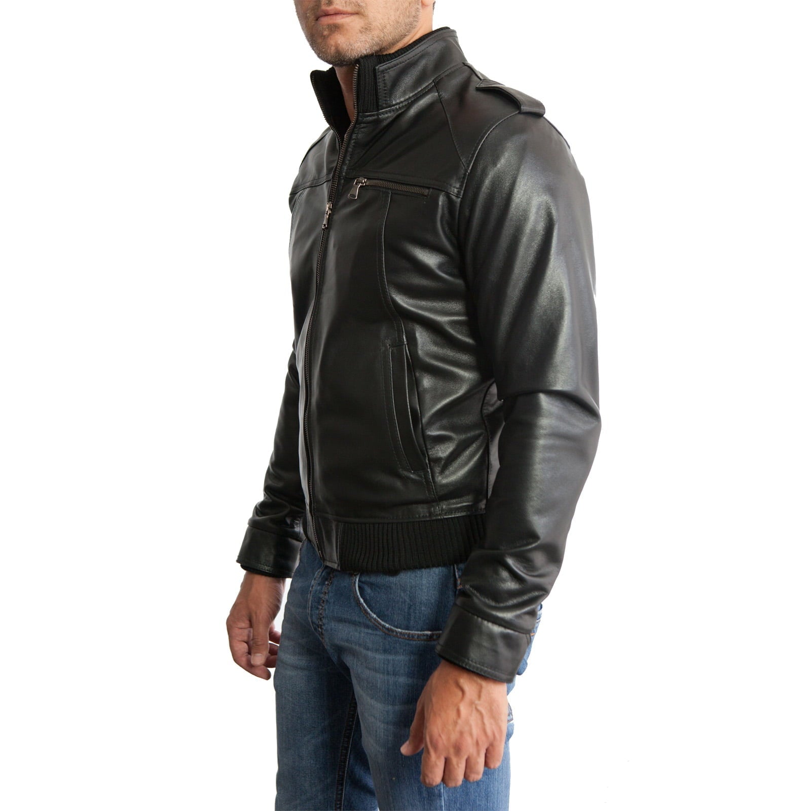 Giubbotto Bomber In Vera Pelle Nera Uomo Con Una Cerniera Petto Rindway