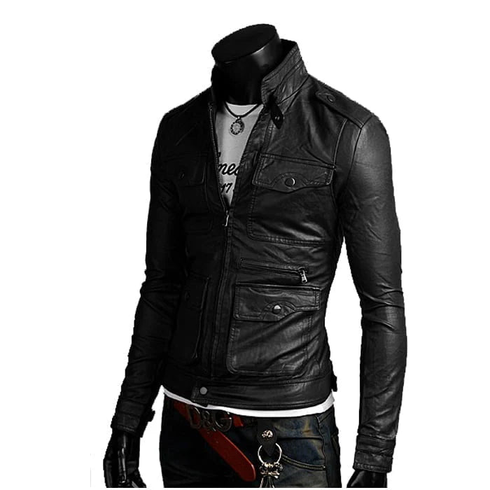 Giubbotto Giacca In Pelle PU Nero Uomo Slim Produzione Artigianale Cod.m13-Outlet Rindway