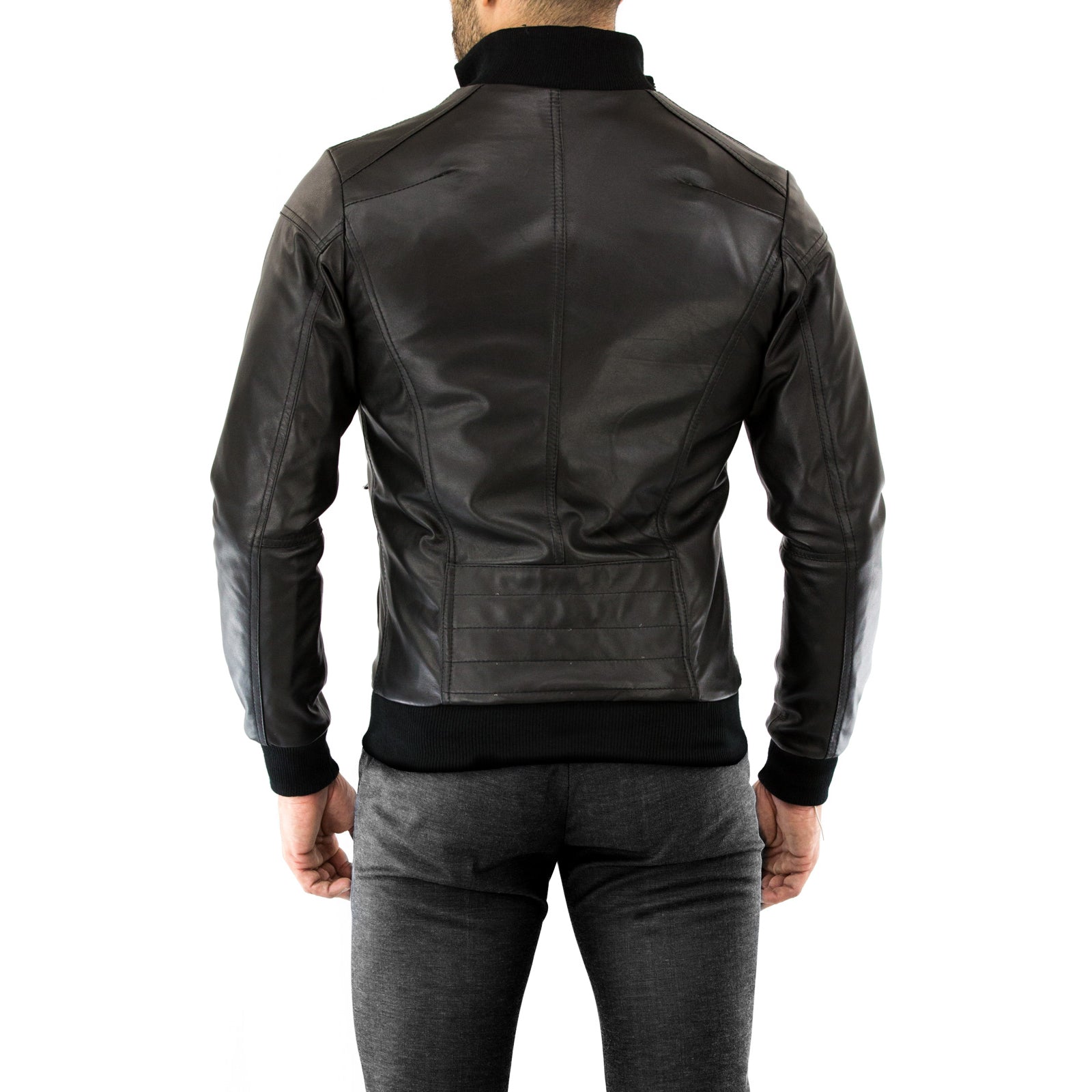 Giubbotto Bomber In Vera Pelle Nera Uomo Slim Con Particolari Sull Schiena OUTLET Rindway