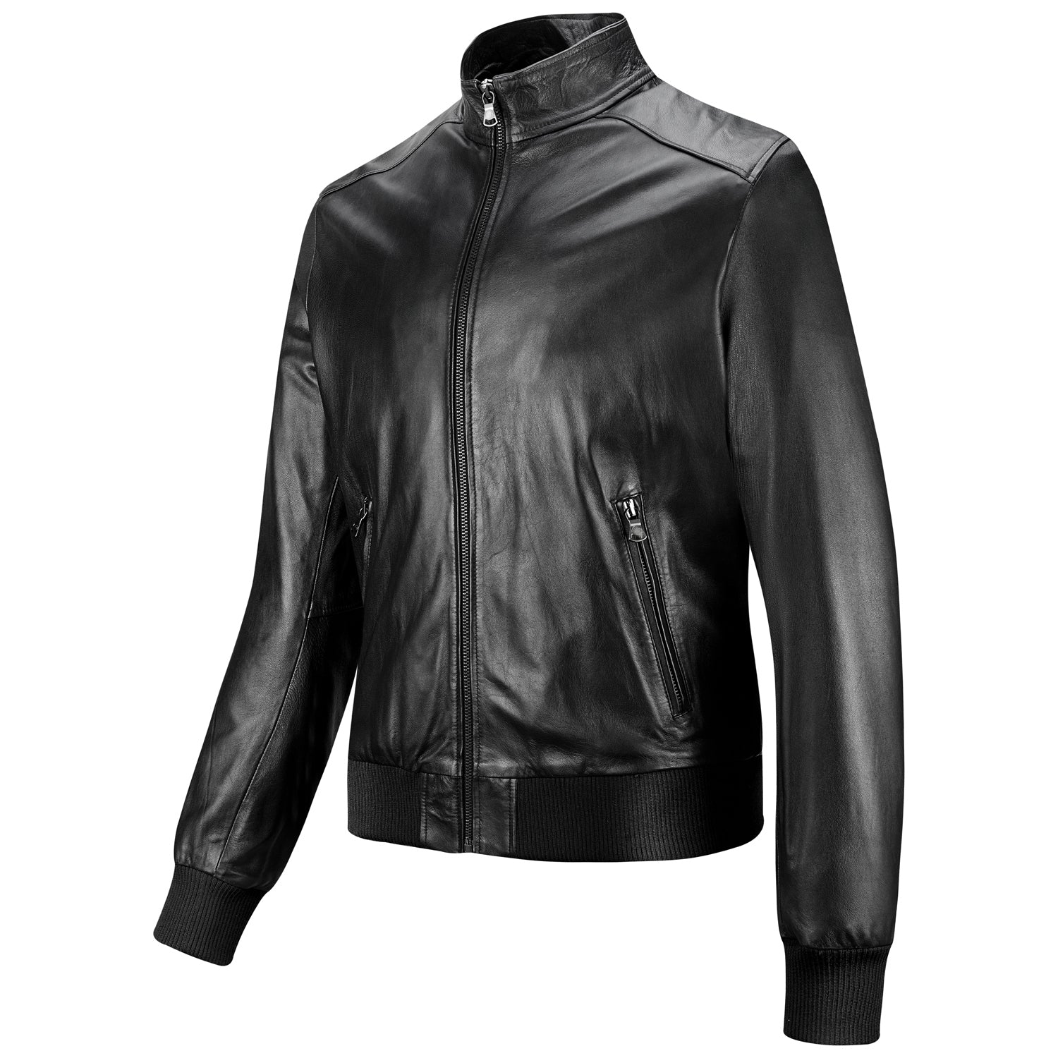 Rindway Men's Black Genuine Leather Bomber Jacket Slim College Collar