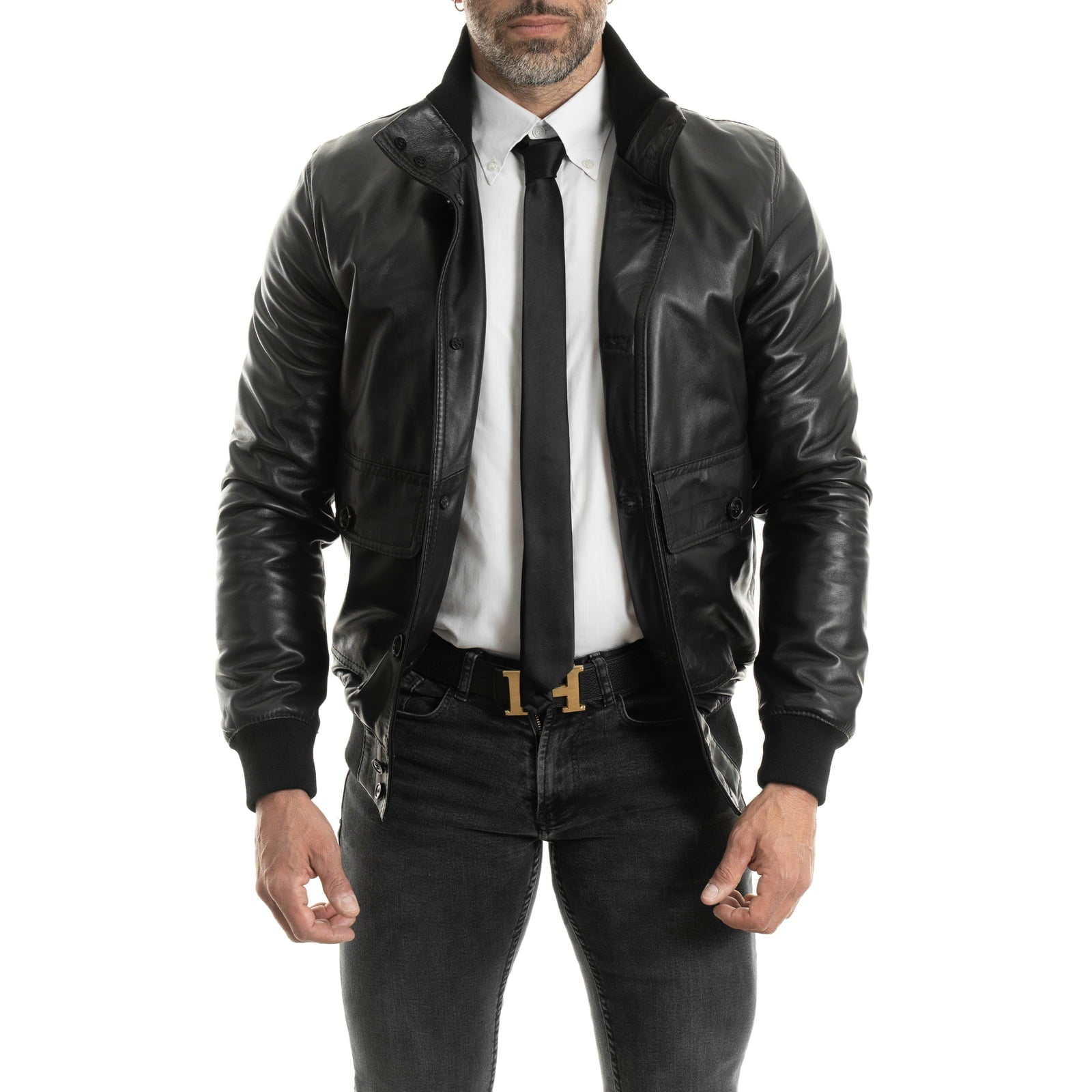 Bomber Giubbotto In Vera Pelle Nero Uomo Slim Con Tasconi Rindway