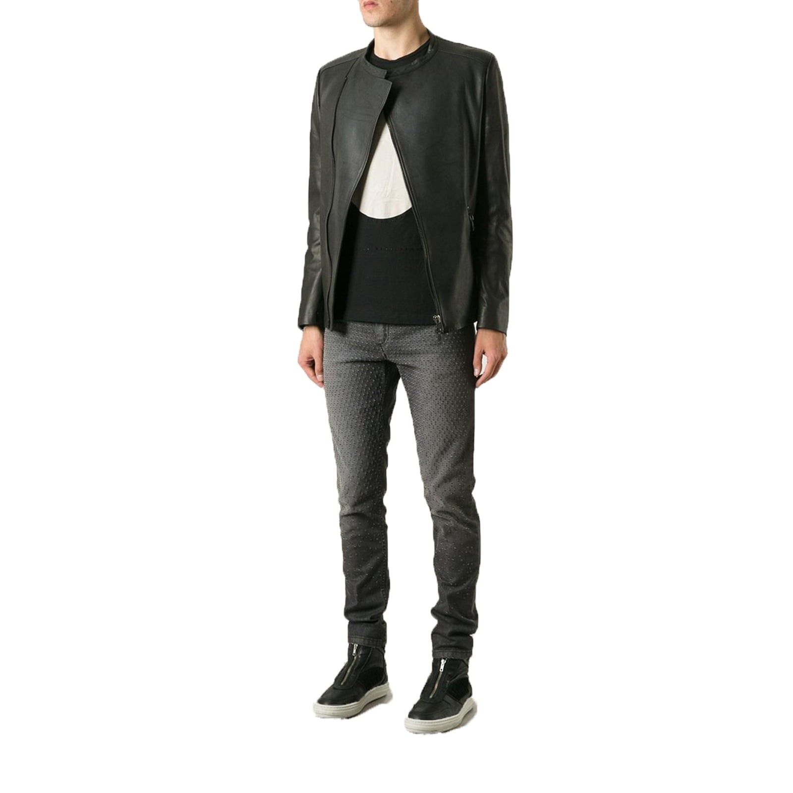Chiodo Biker In Vera Pelle Nero Uomo Slim Collo Coreana Rindway