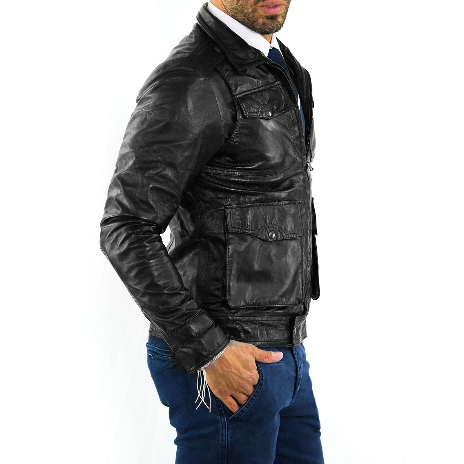 Giacca Biker In Vera Pelle Nera Uomo Slim Tasconi Con Bottoni Rindway
