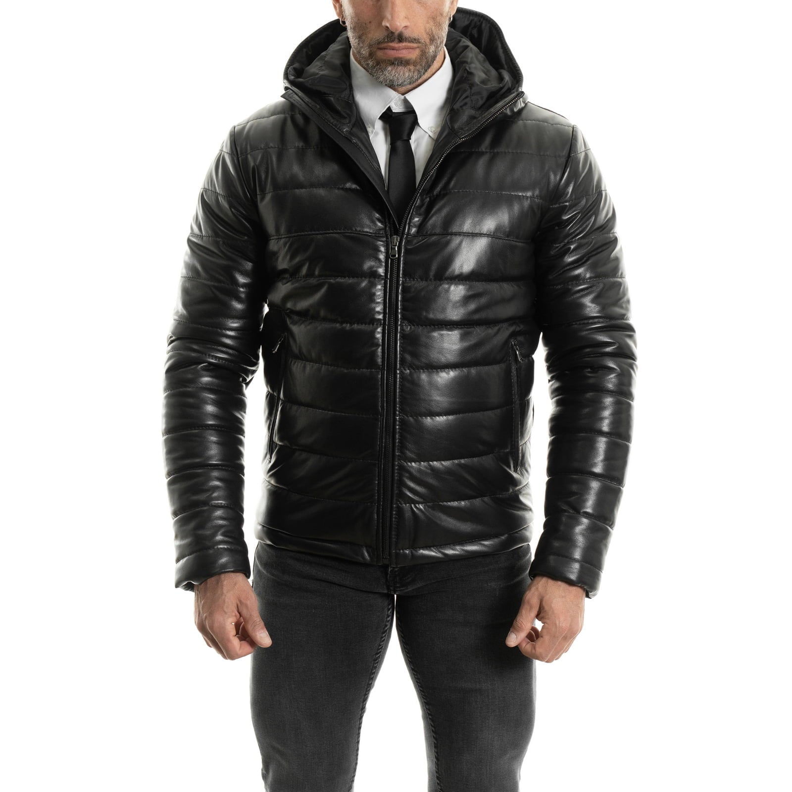 Piumino Giacca In Vera Pelle Uomo Slim Linee Strette Con Cappuccio Fisso Rindway