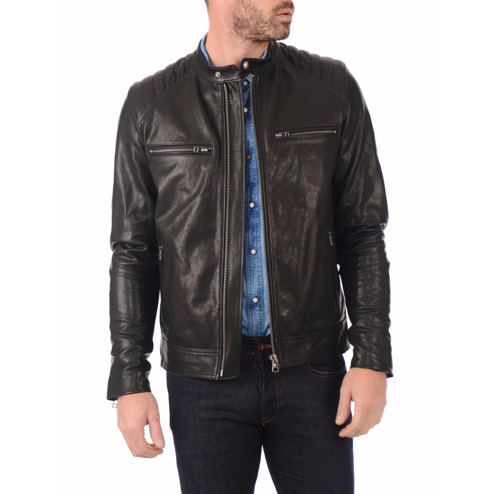 Giacca Biker In Vera Pelle Nera Uomo Linee Spalle Dettagli Argento Rindway