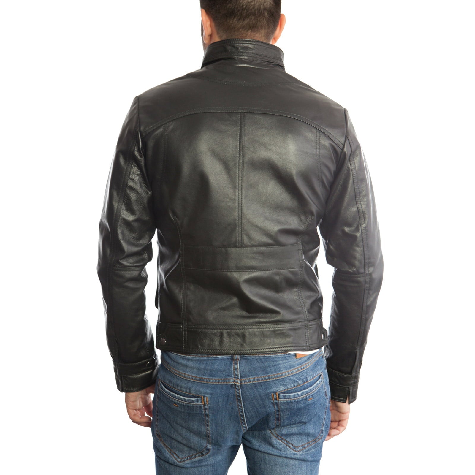 Giacca Biker In Vera Pelle Nera Uomo Slim Con Tasconi Rindway
