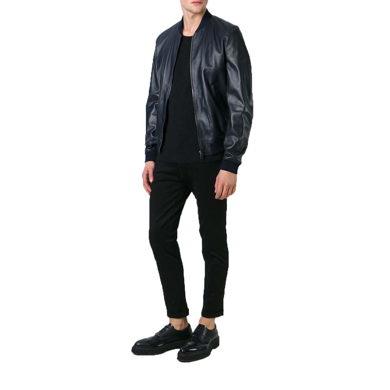 Giubbotto Bomber In Vera Pelle Blu Uomo Collo College Basso Rindway cod.064