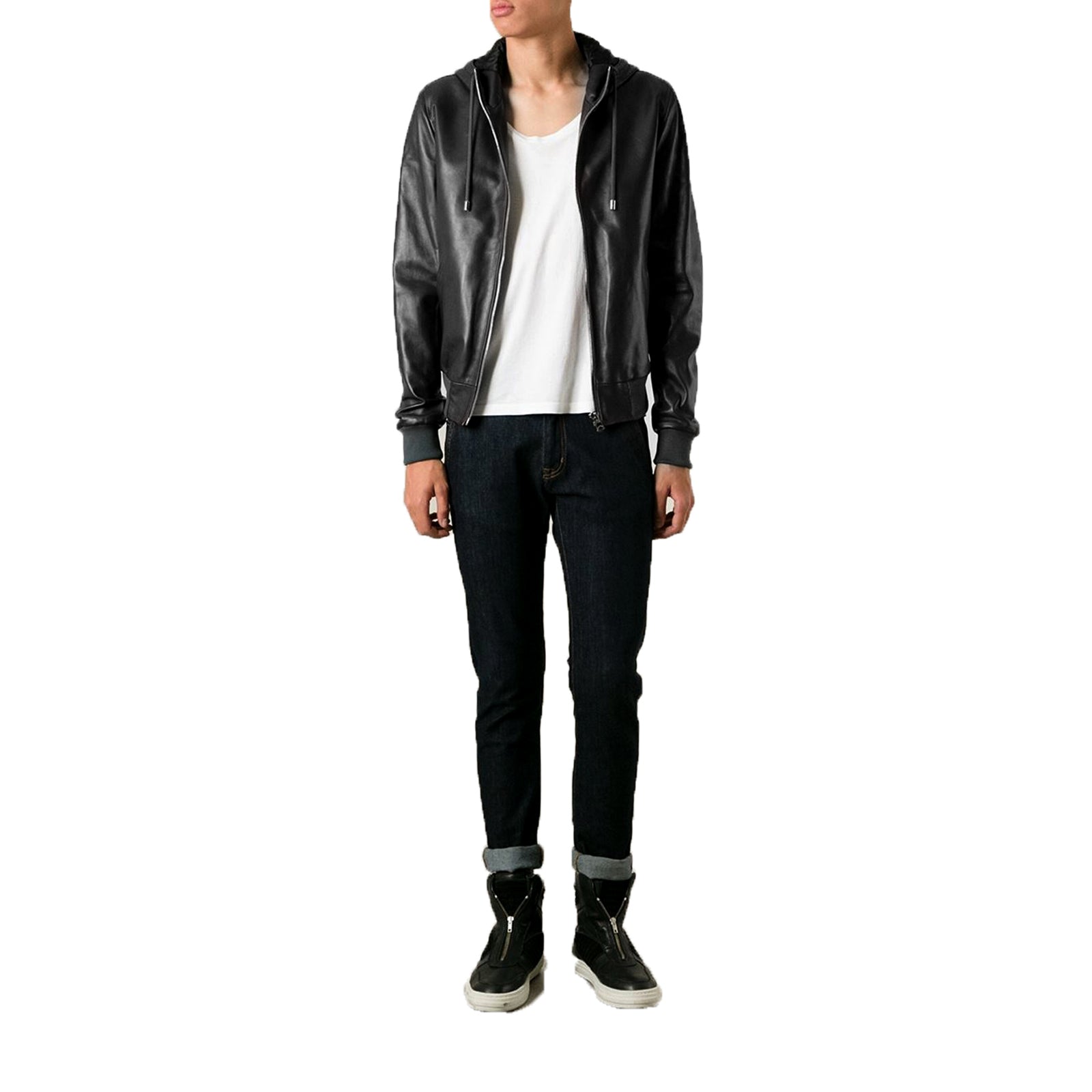 Giubbotto Bomber In Pelle PU NERO Uomo Slim Con Tagli Frontali Outlet Rindway
