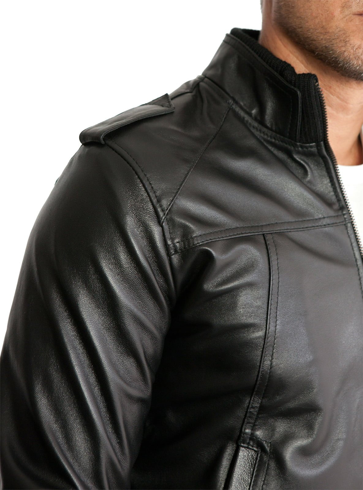 Giubbotto Bomber In Vera Pelle Nera Uomo Con Una Cerniera Petto Rindway