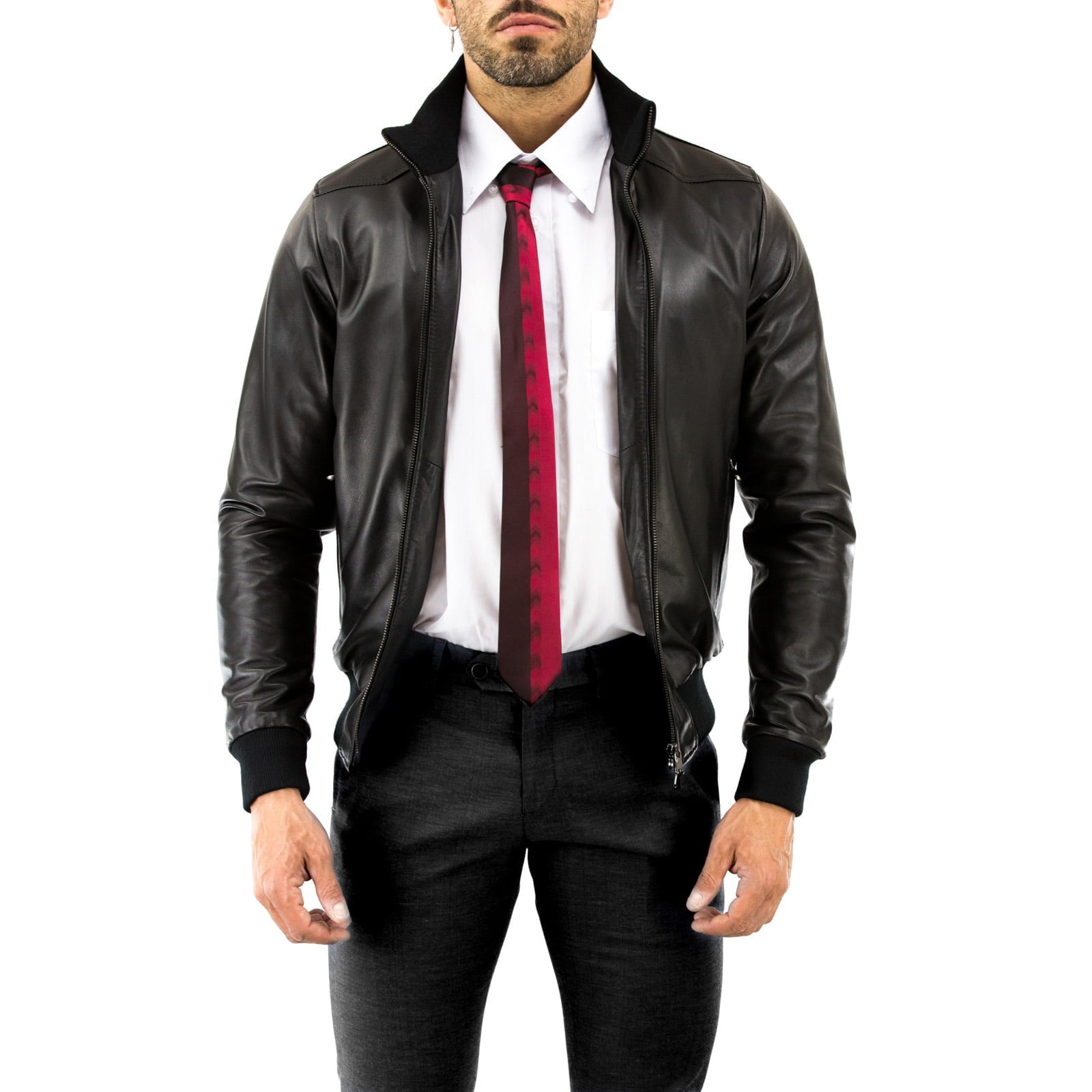Bomber Giubbotto In Vera Pelle Nera Uomo Con Fasci Frontali Rindway