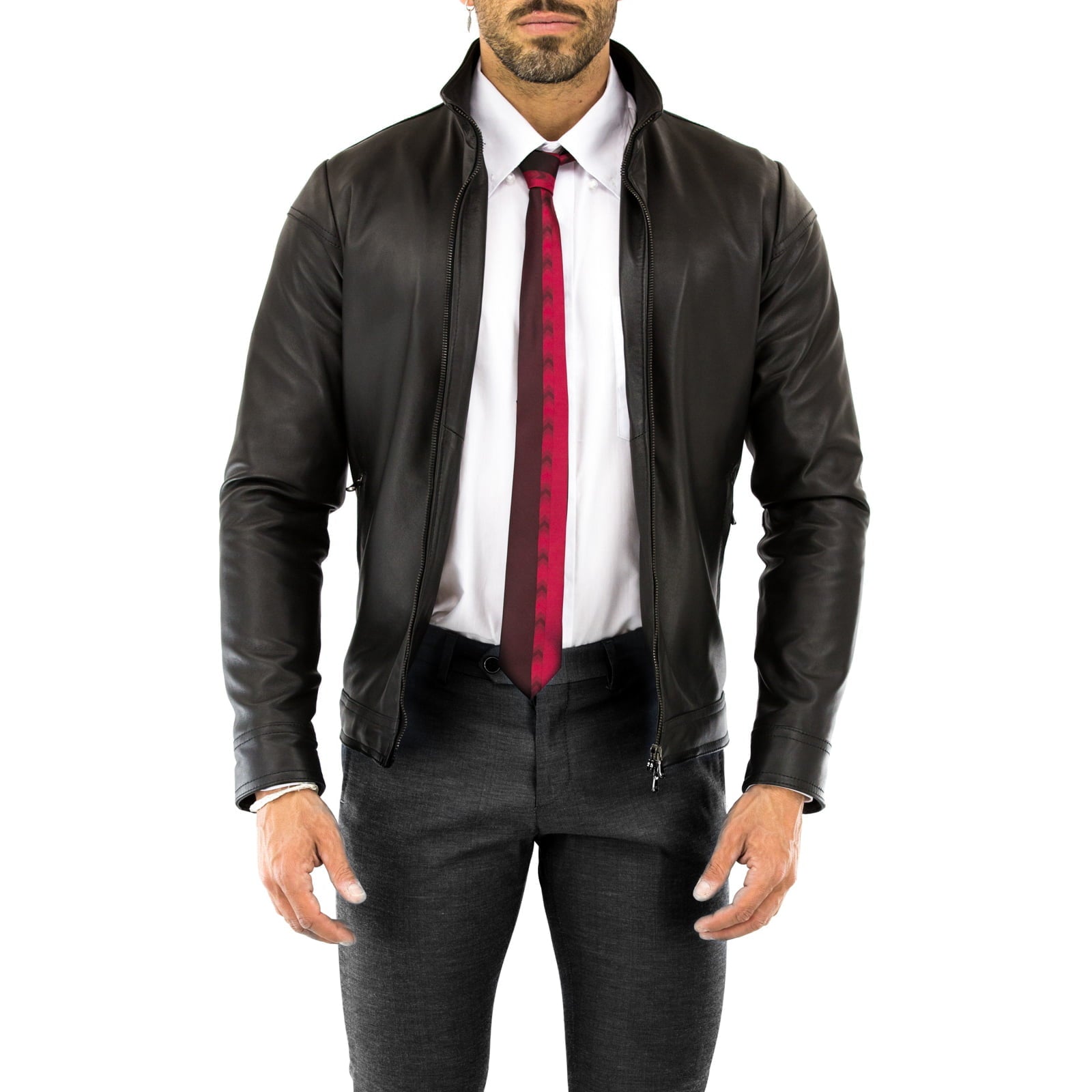 Giacca Biker In Vera Pelle Blu Uomo Slim Con Linee Schiena Rindway