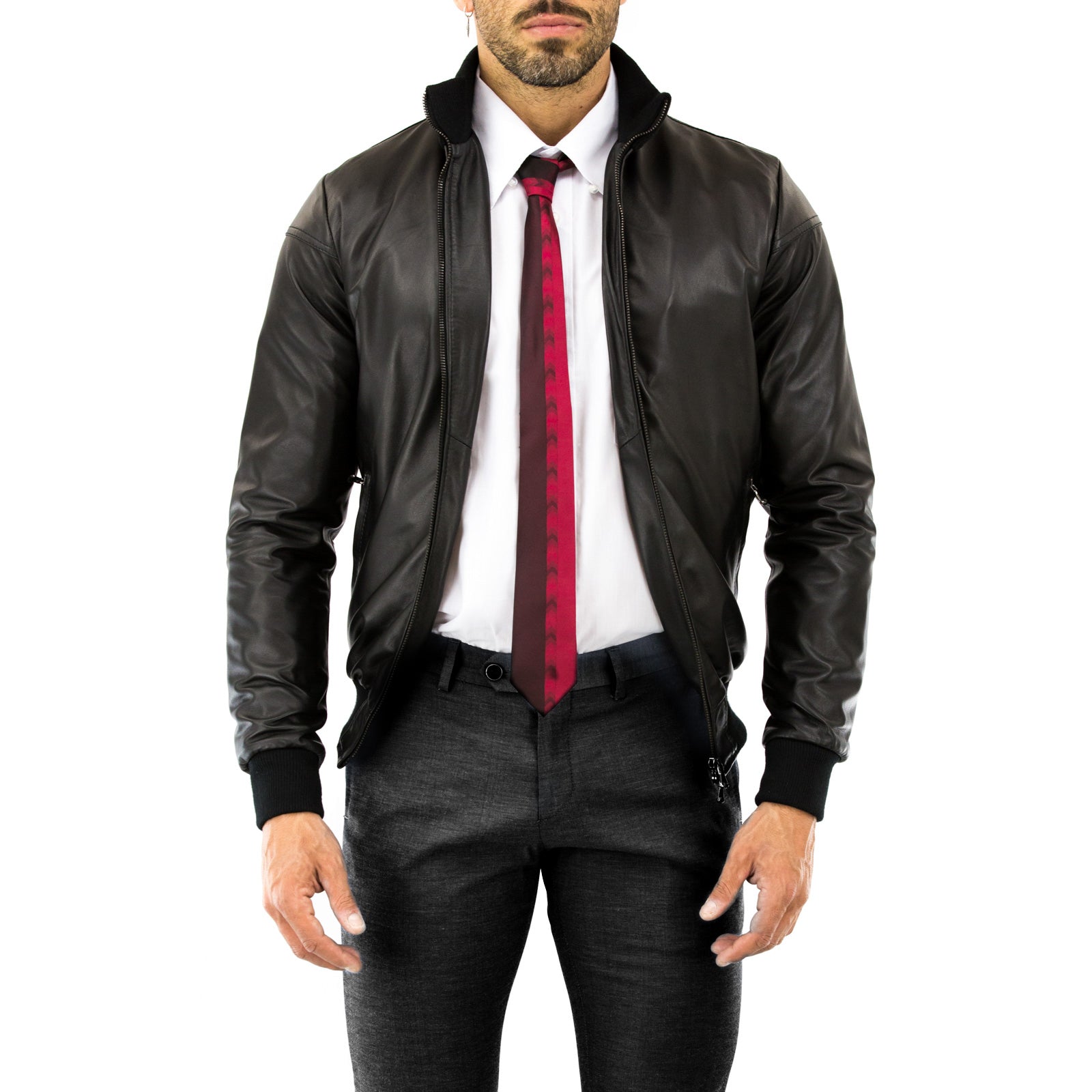 Men's Blue Genuine Leather Bomber Jacket With Front Details OUTLET Rindway