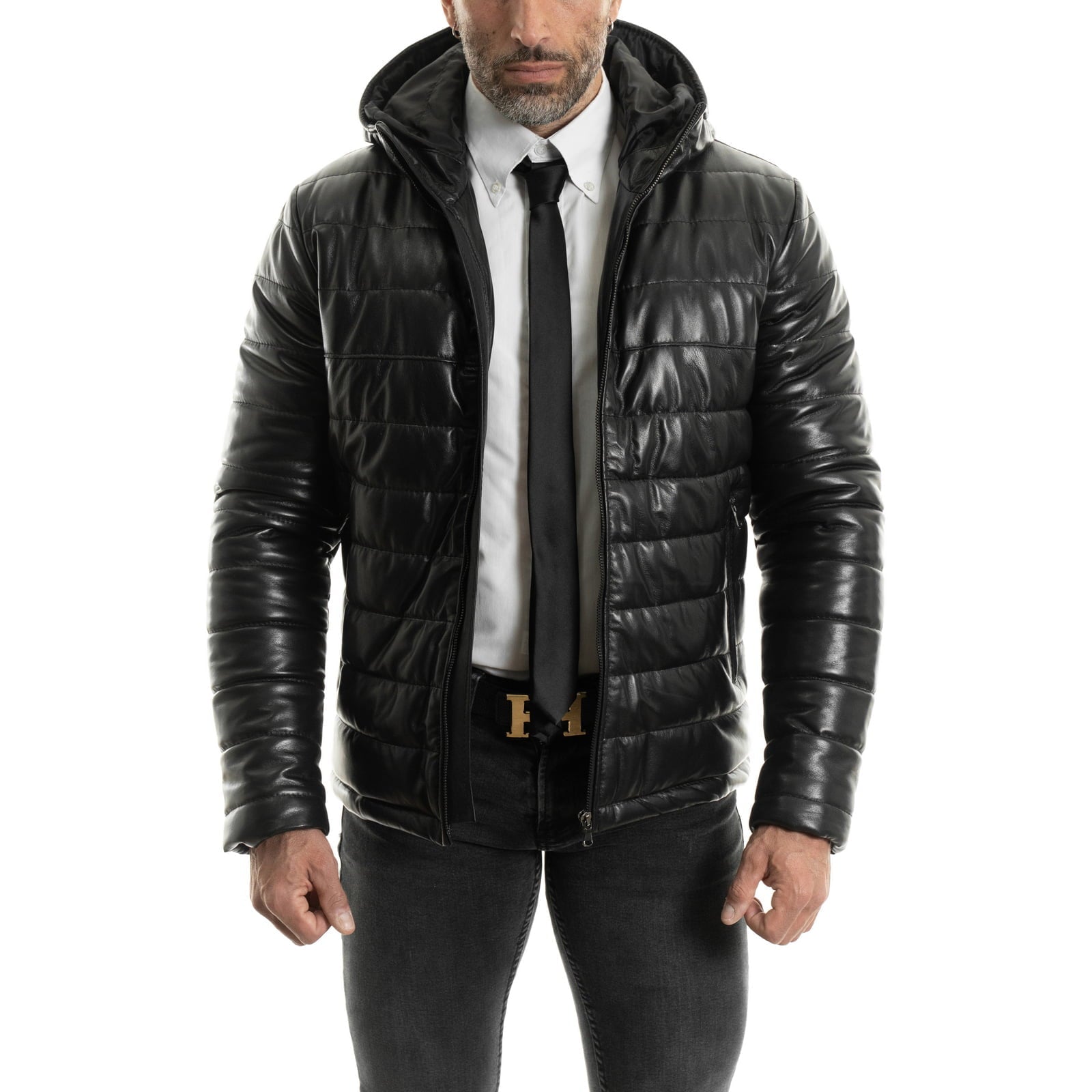 Piumino Giacca In Vera Pelle Uomo Slim Linee Strette Con Cappuccio Fisso Rindway