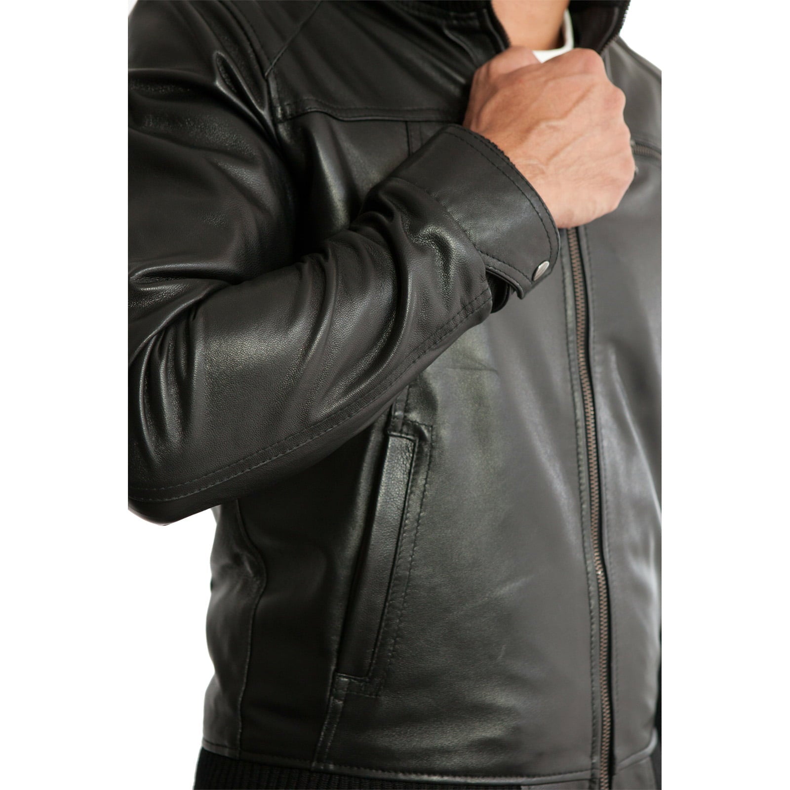 Giubbotto Bomber In Vera Pelle Nera Uomo Con Una Cerniera Petto Rindway