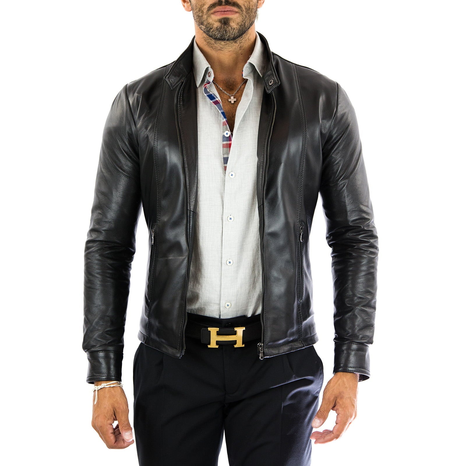 Giacca Biker In Vera Pelle Blu Uomo Slim Cuciture Frontali Outlet Rindway