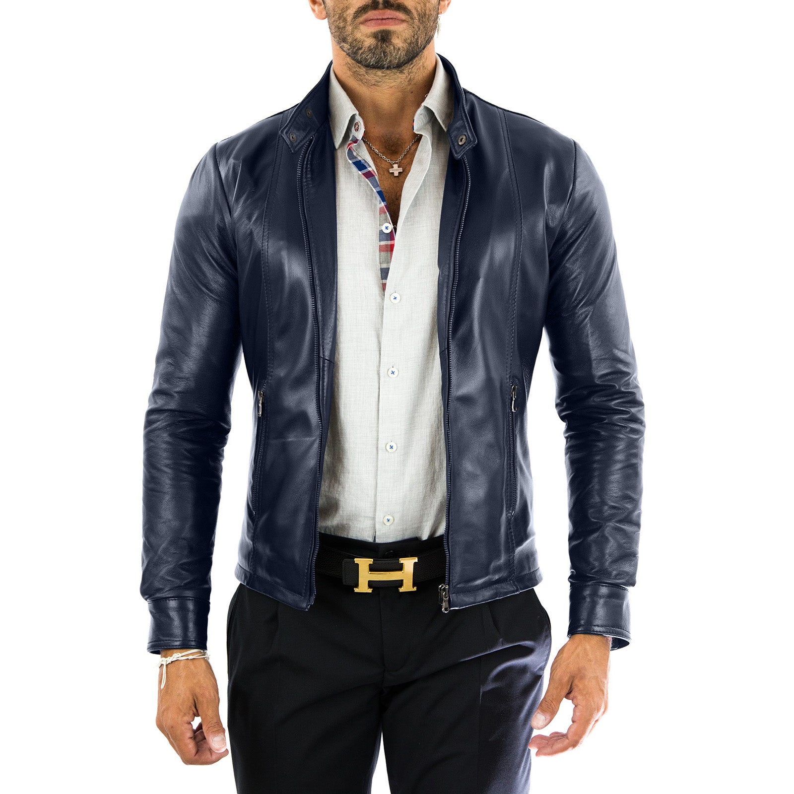Giacca Biker In Vera Pelle Blu Uomo Slim Cuciture Frontali Outlet Rindway