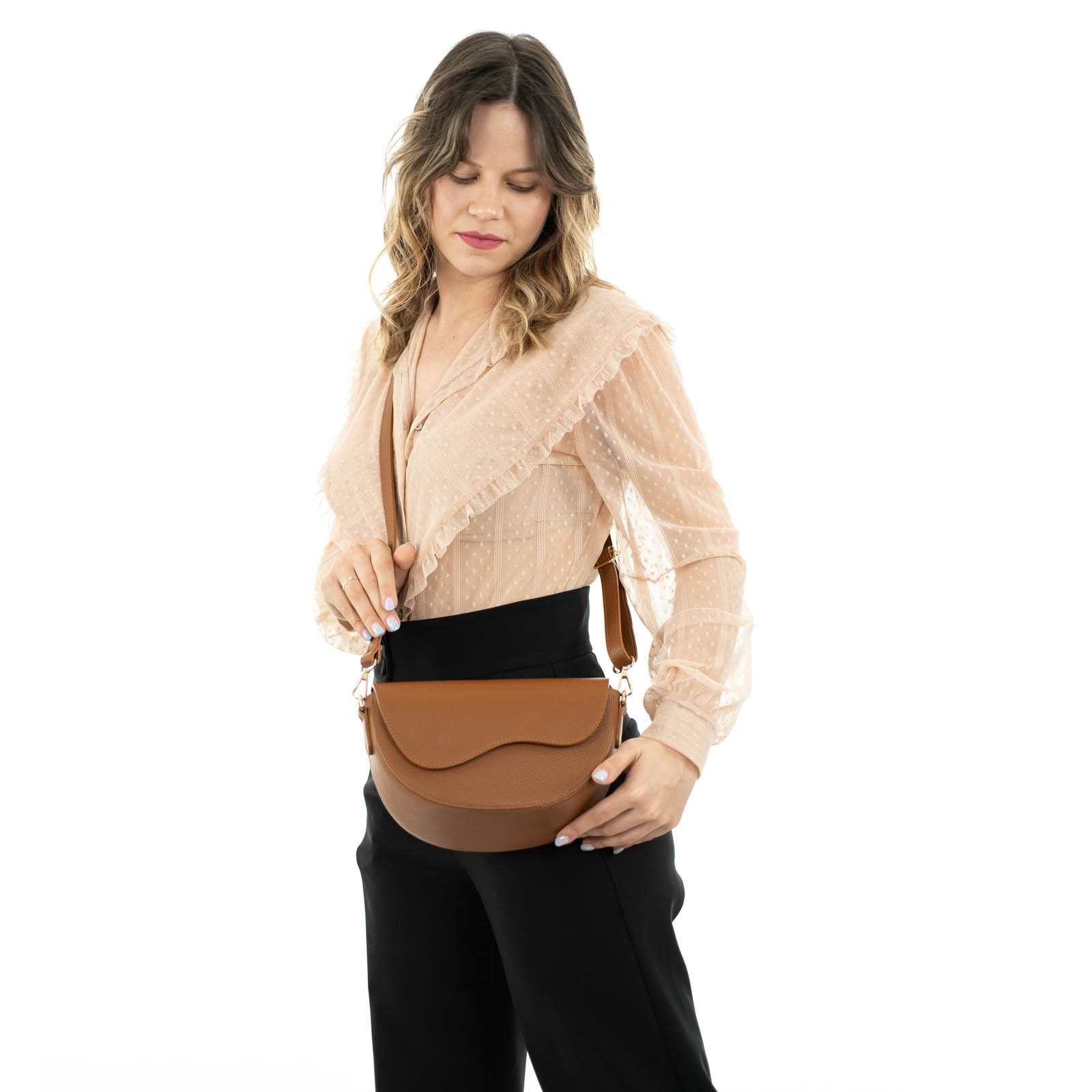 Borsa A Tracolla Mezza Luna In Vera Pelle Donna Con Patta Rindway