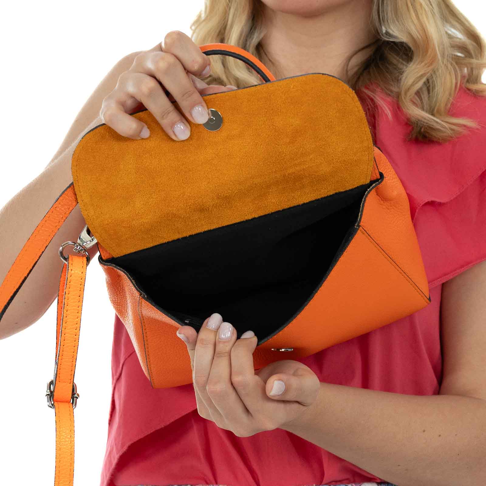 Borsa A Mano Doppia Apertura Esterna In Vera Pelle Donna Dettagli Argento Rindway