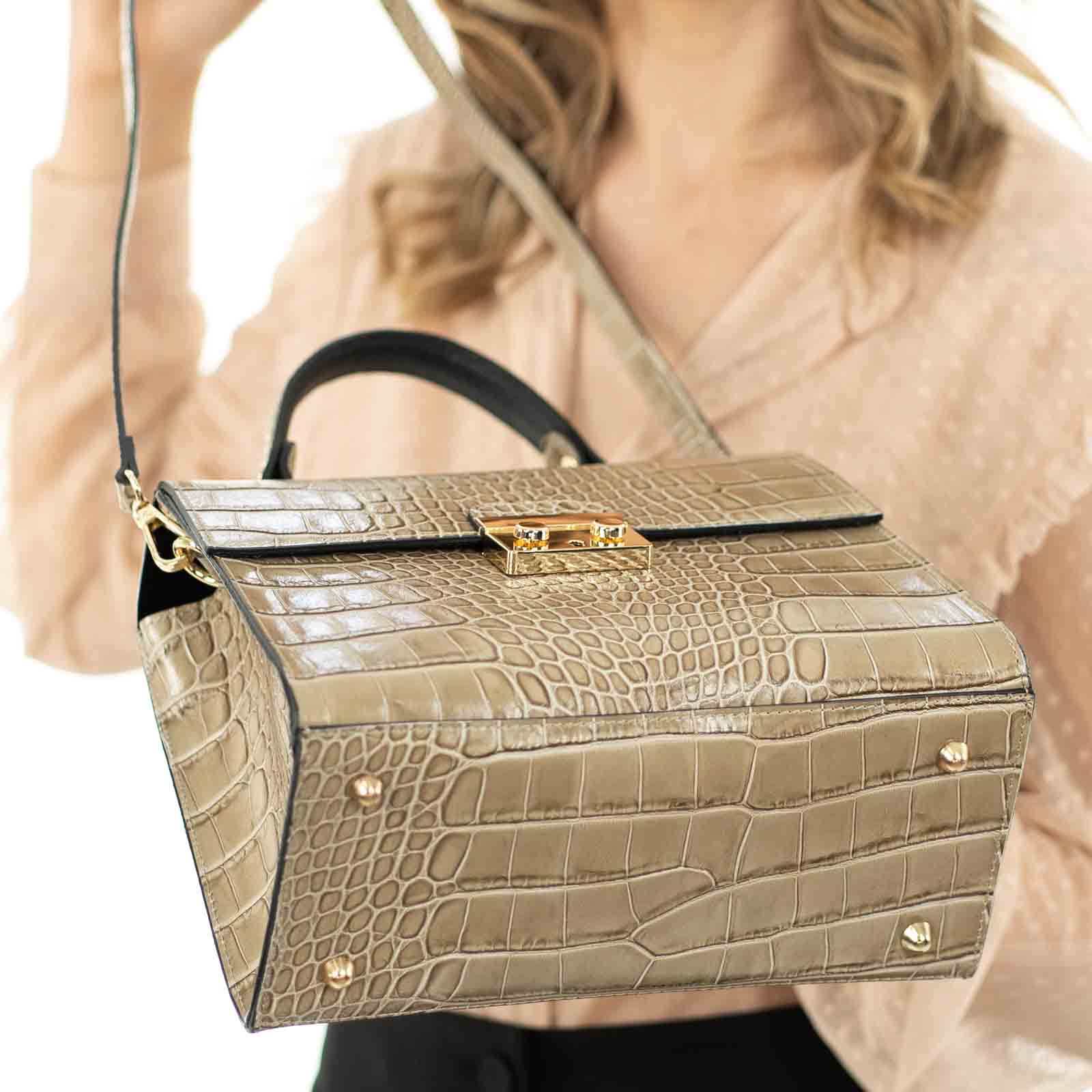 Borsa A Mano In Vera Pelle Stampa Cocco Rigida Donna Chiusura Con Clip Rindway