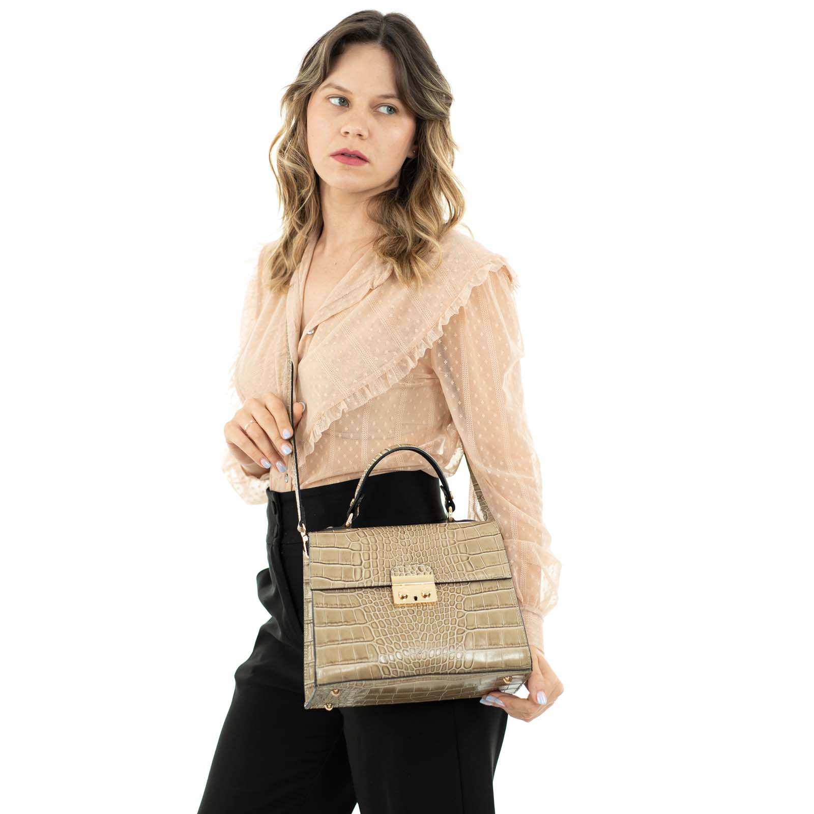 Borsa A Mano In Vera Pelle Stampa Cocco Rigida Donna Chiusura Con Clip Rindway