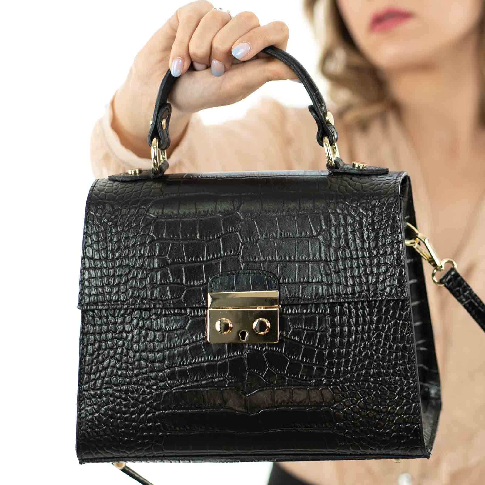 Borsa A Mano In Vera Pelle Stampa Cocco Rigida Donna Chiusura Con Clip Rindway