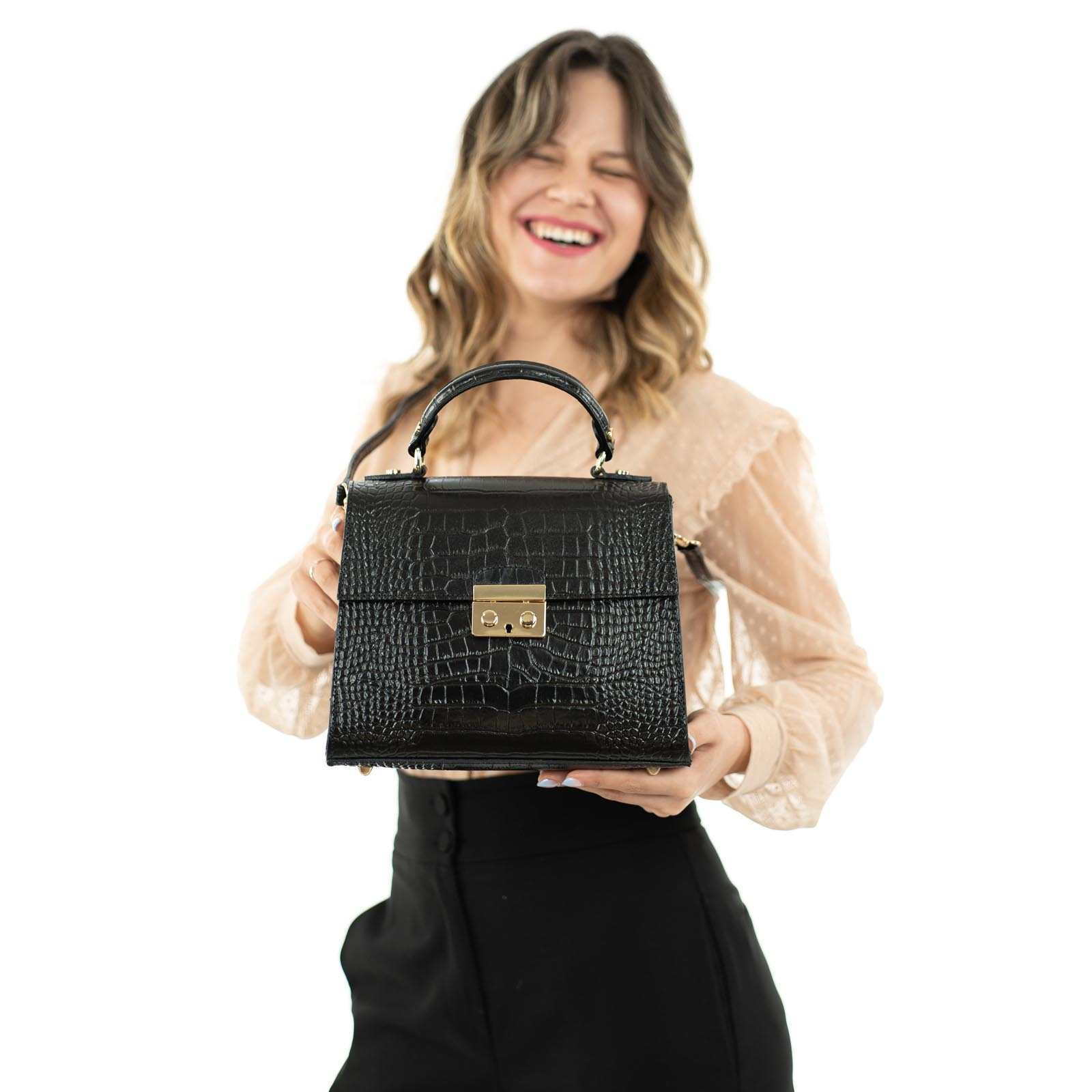 Borsa A Mano In Vera Pelle Stampa Cocco Rigida Donna Chiusura Con Clip Rindway