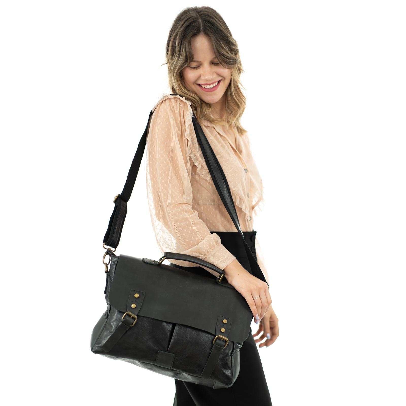 Borsa Da Lavoro In Vera Pelle Donna Con Tache Esterne Coperte Rindway