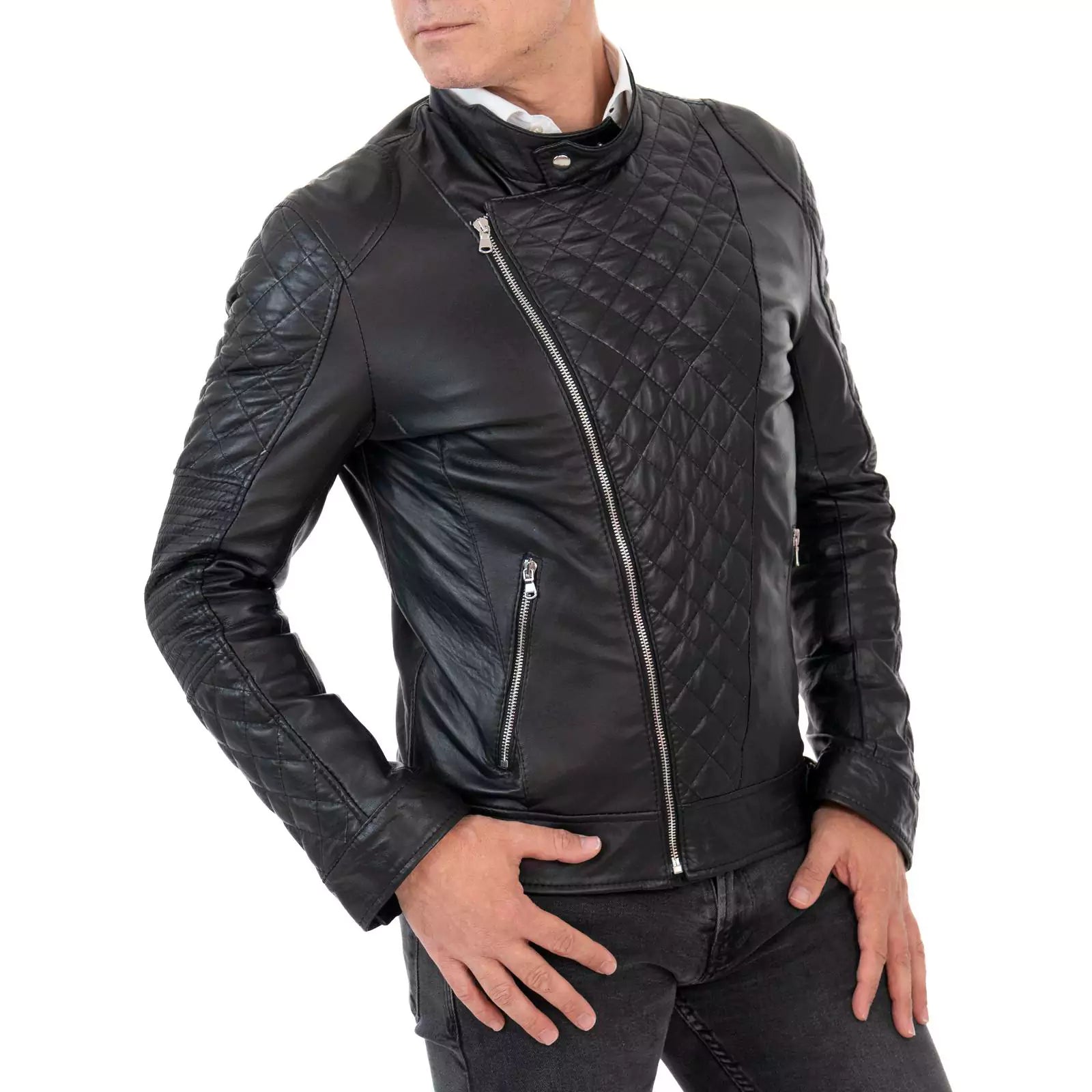 Chiodo Biker In Vera Pelle Nero Uomo Slim Trapuntato Rombi Rindway