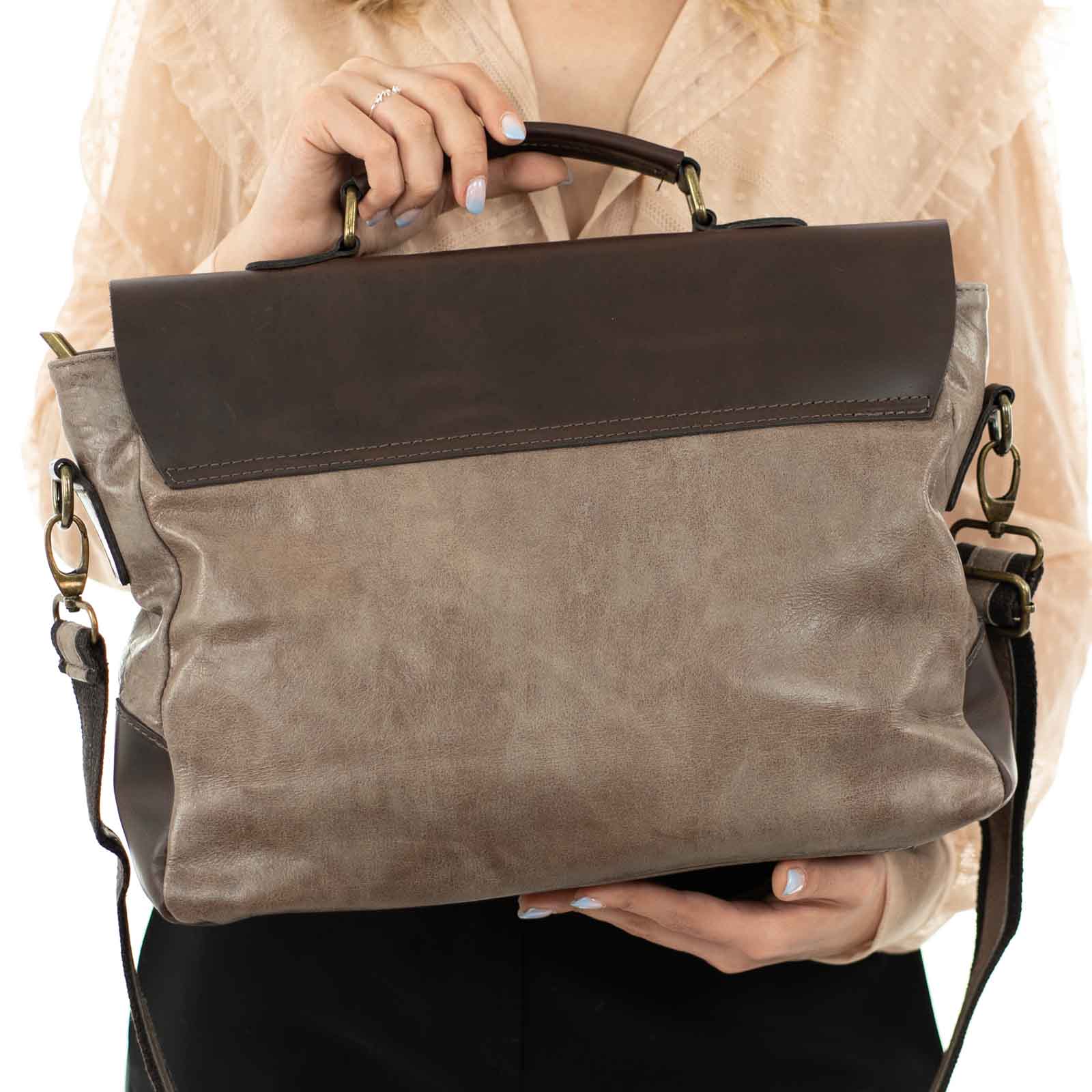 Borsa Da Lavoro In Vera Pelle Donna Con Tache Esterne Coperte Rindway