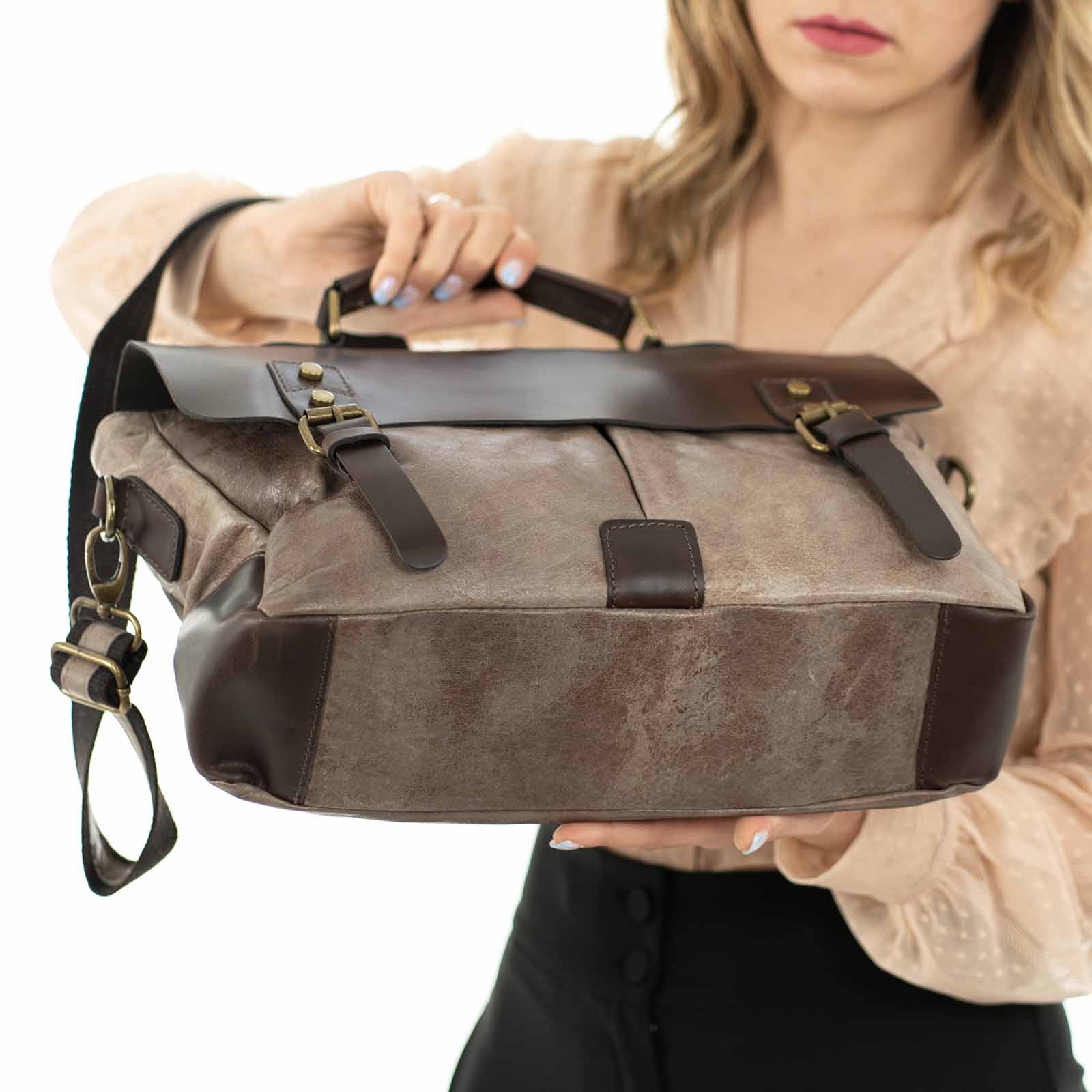 Borsa Da Lavoro In Vera Pelle Donna Con Tache Esterne Coperte Rindway