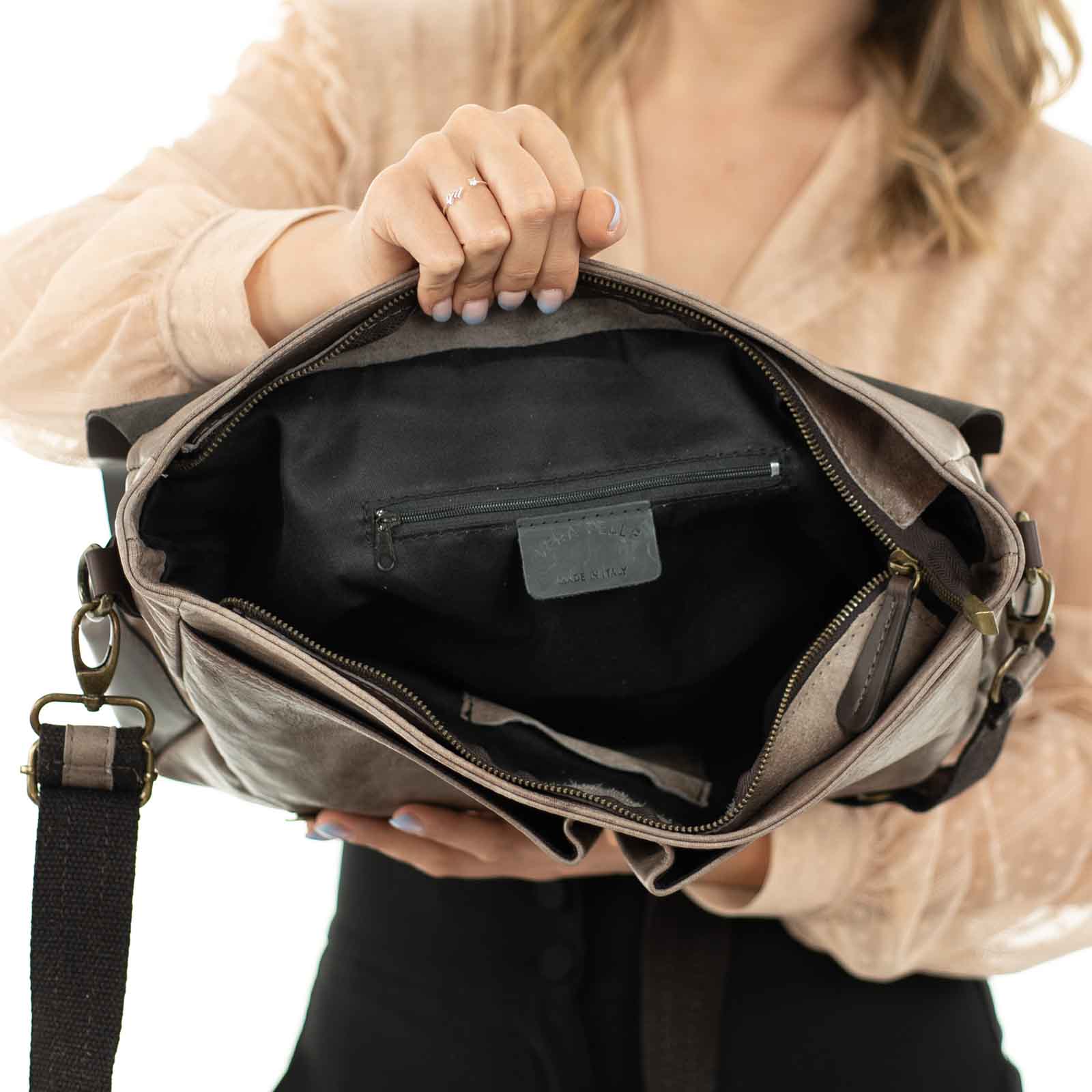 Borsa Da Lavoro In Vera Pelle Donna Con Tache Esterne Coperte Rindway