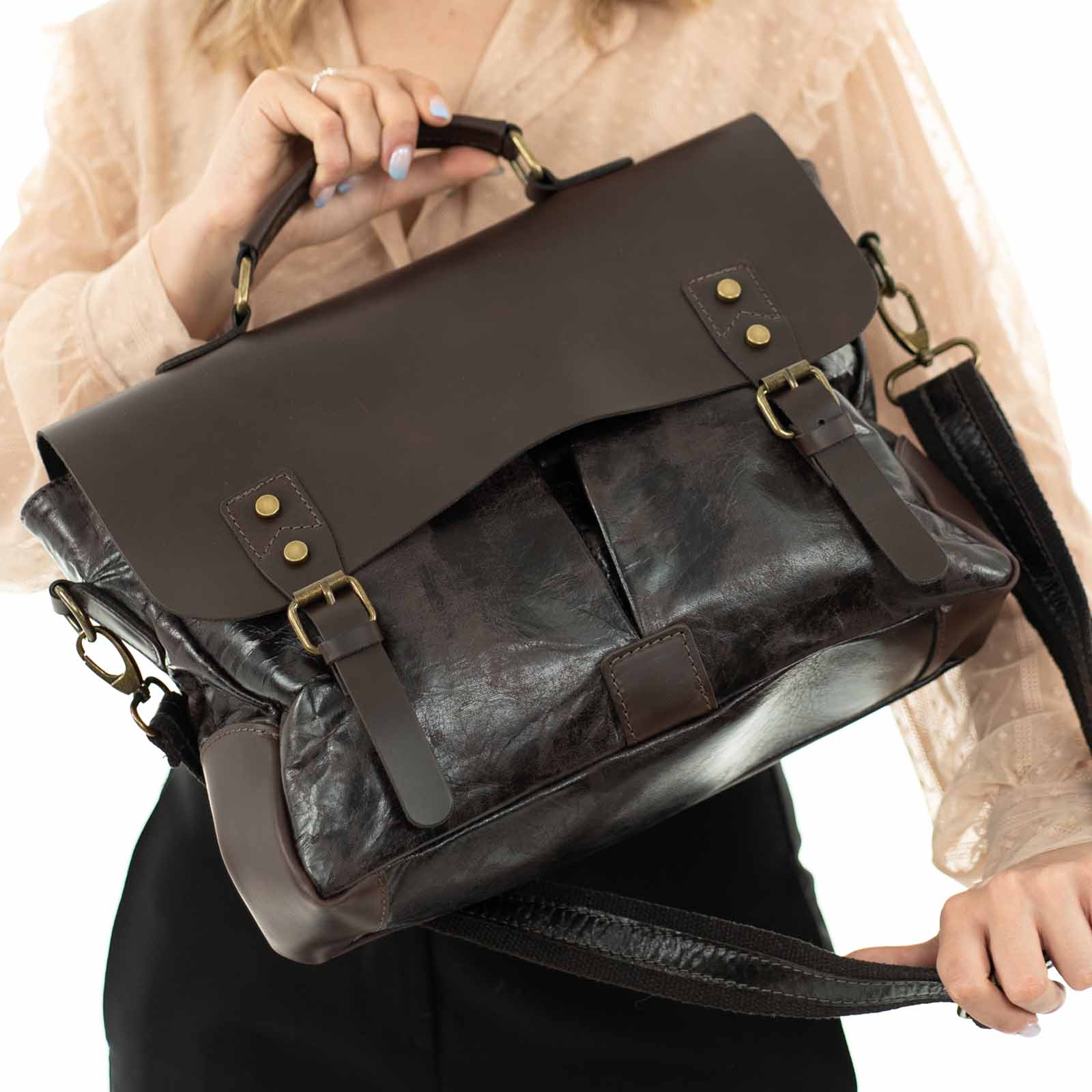 Borsa Da Lavoro In Vera Pelle Donna Con Tache Esterne Coperte Rindway