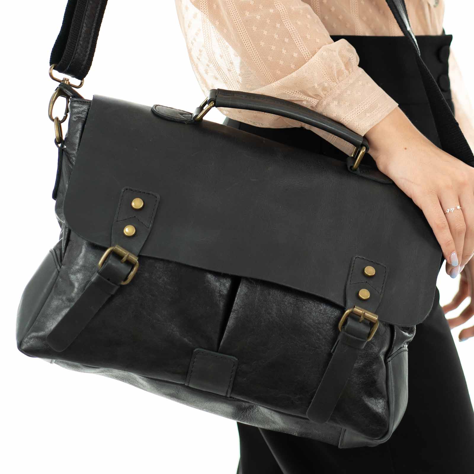 Borsa Da Lavoro In Vera Pelle Donna Con Tache Esterne Coperte Rindway