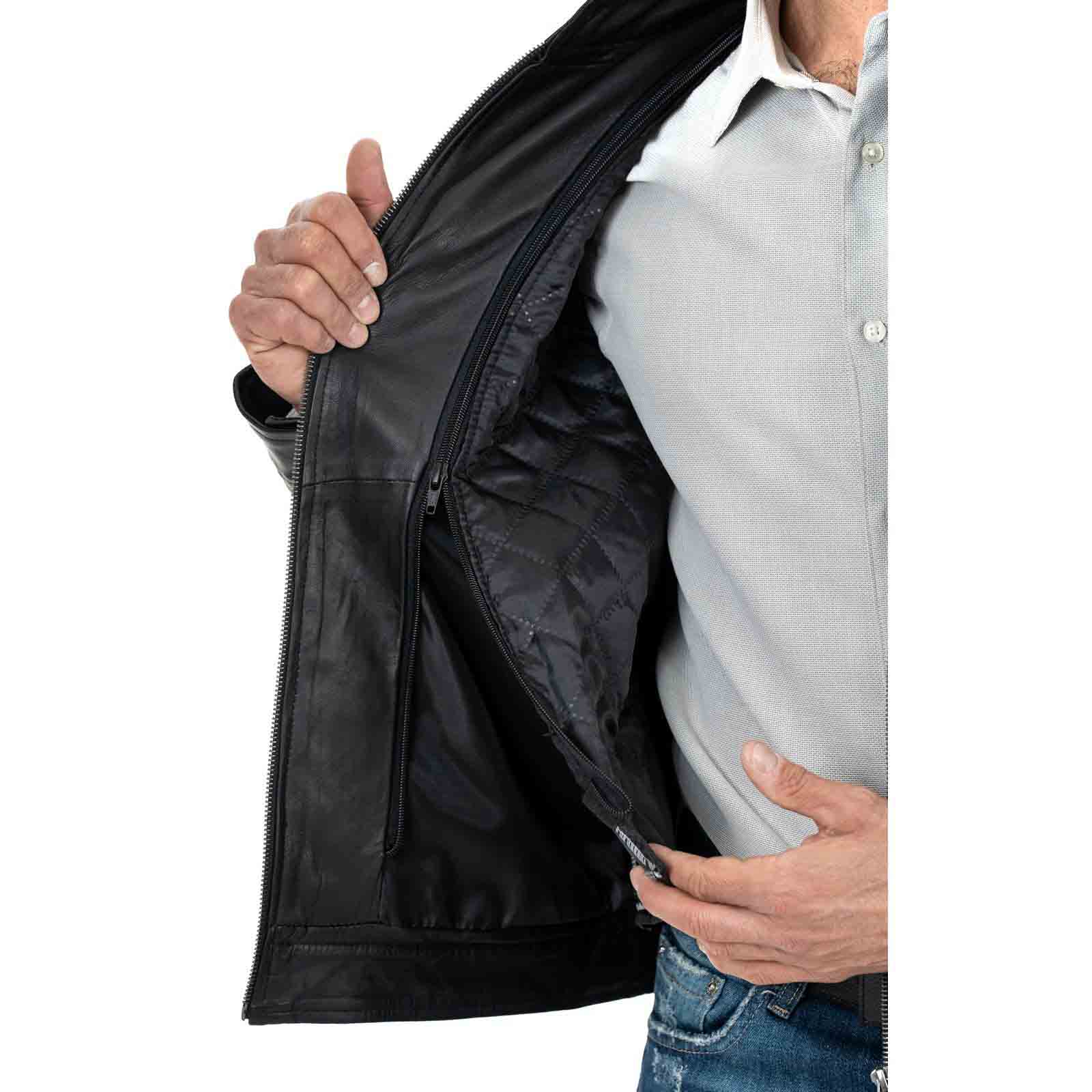 Giacca Biker In Vera Pelle Nera Uomo Slim Collo Coreana Quattro Tasche Rindway