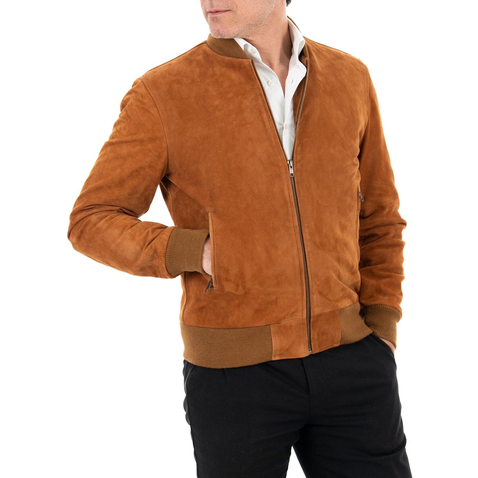 Giubbotto Bomber In Vera Pelle Camoscio Bruciato Uomo Slim Collo College Rindway