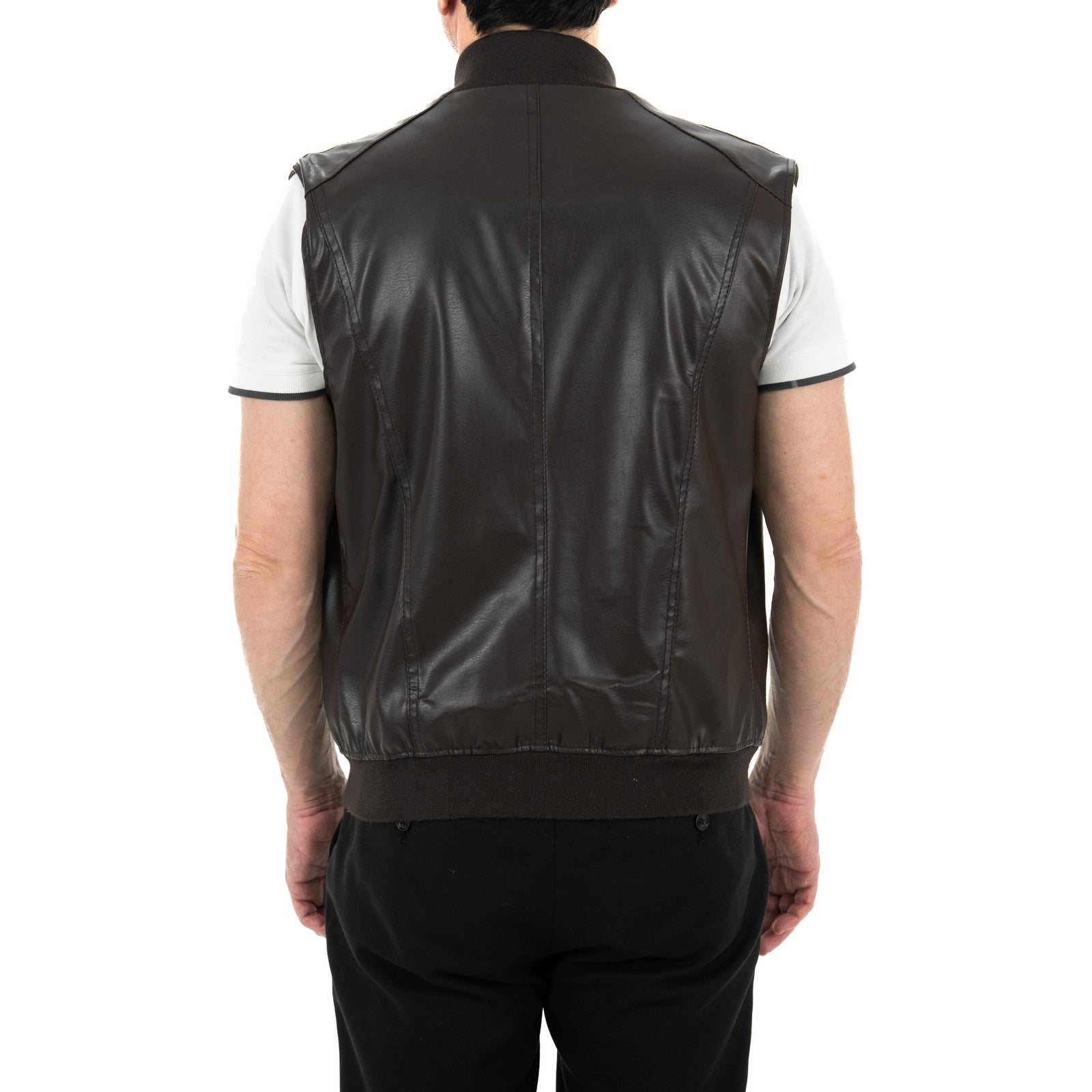 Giubbotto Bomber In Pelle PU Marrone Uomo Smanicato Slim Con Tagli Frontali Outlet Rindway