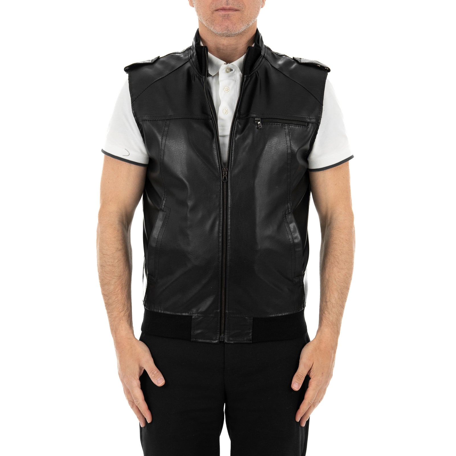 Giubbotto Bomber In Pelle PU Nero Uomo SmanicatoSlim Con Tagli Frontali Outlet Rindway