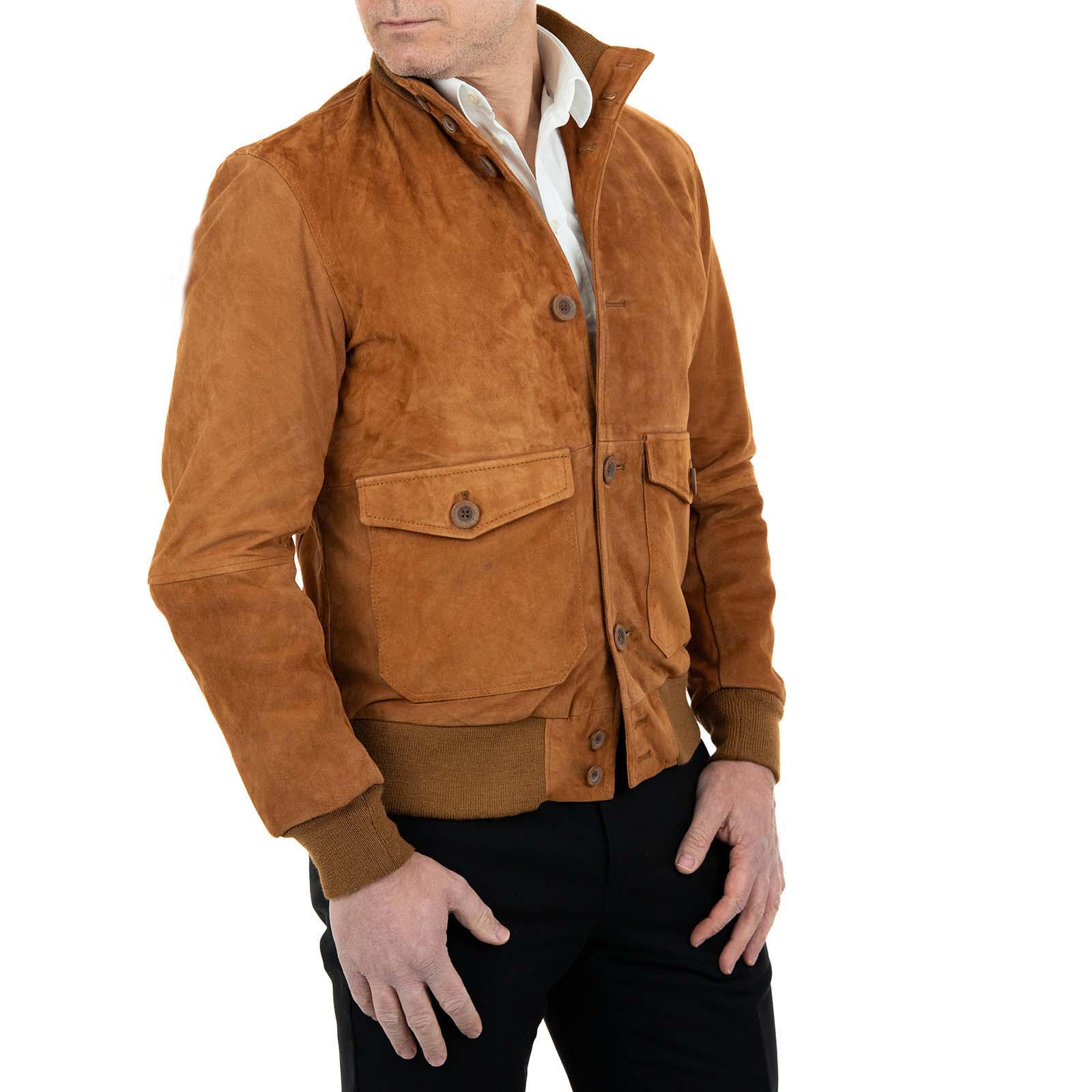 Slim Men's Burnt Suede Bomber Jacket With Buttons And Big Pockets Rindway